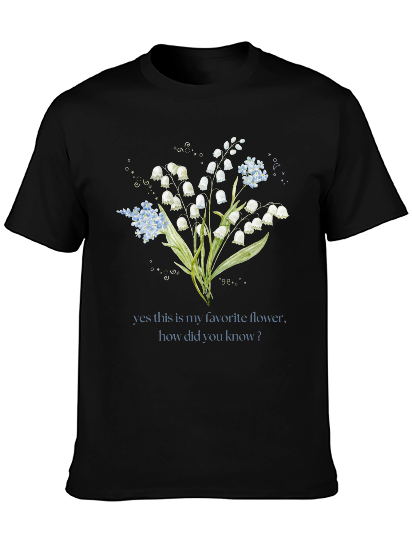 Black Floral Graphic T-Shirt - Lily of the Valley Design view 3