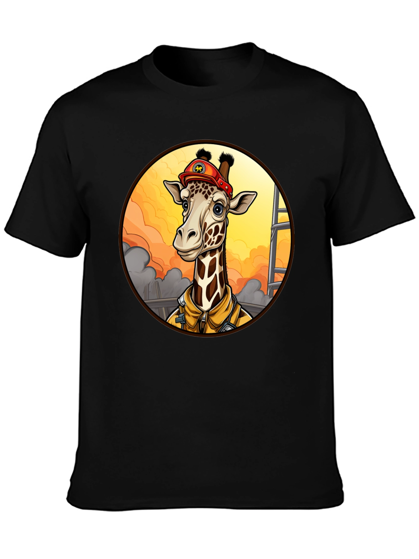 Black Giraffe Firefighter T-Shirt - Unique Cartoon Design view 3