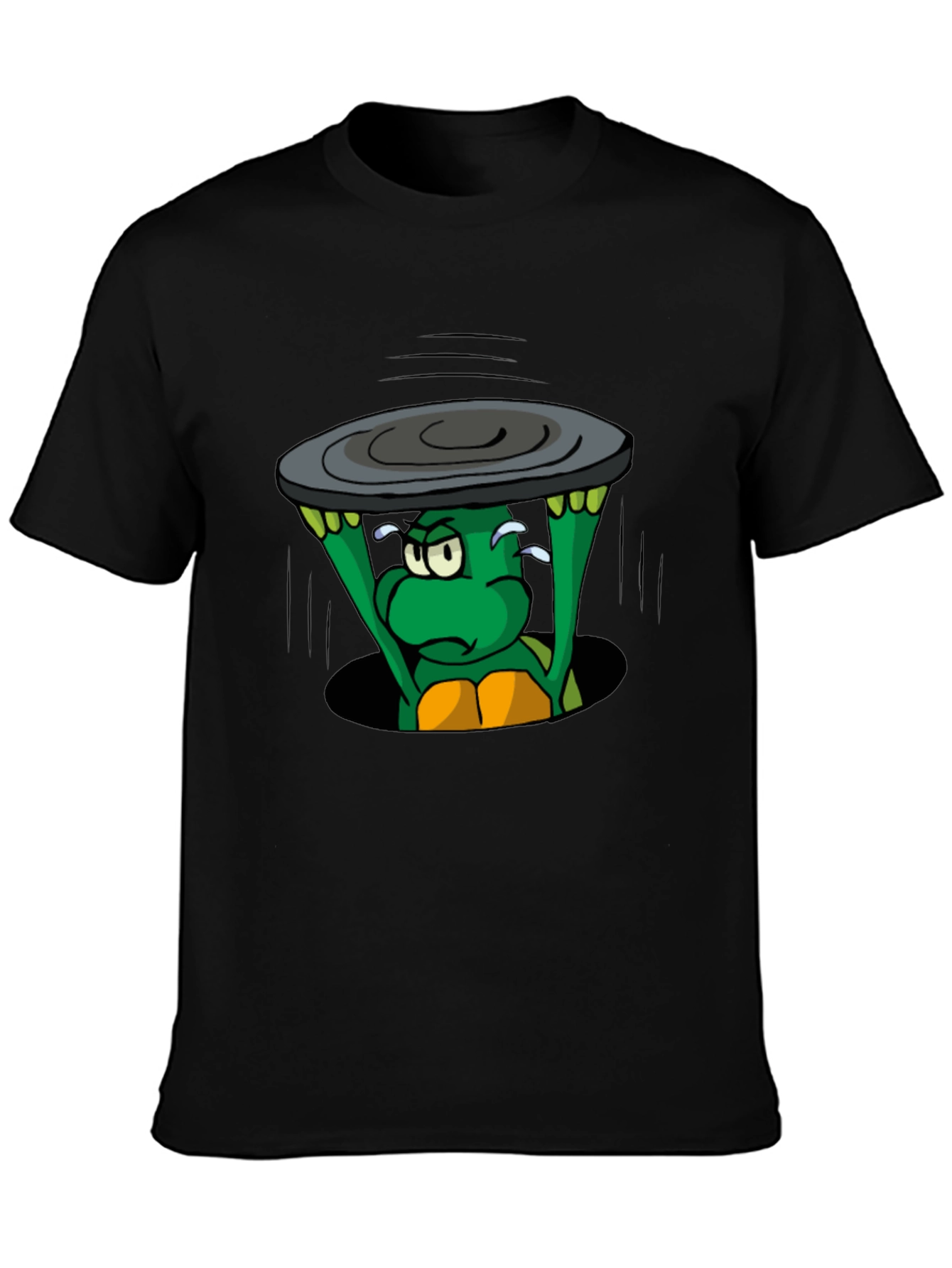 Black Cartoon Turtle Lifting Manhole Cover Black T-Shirt view 3