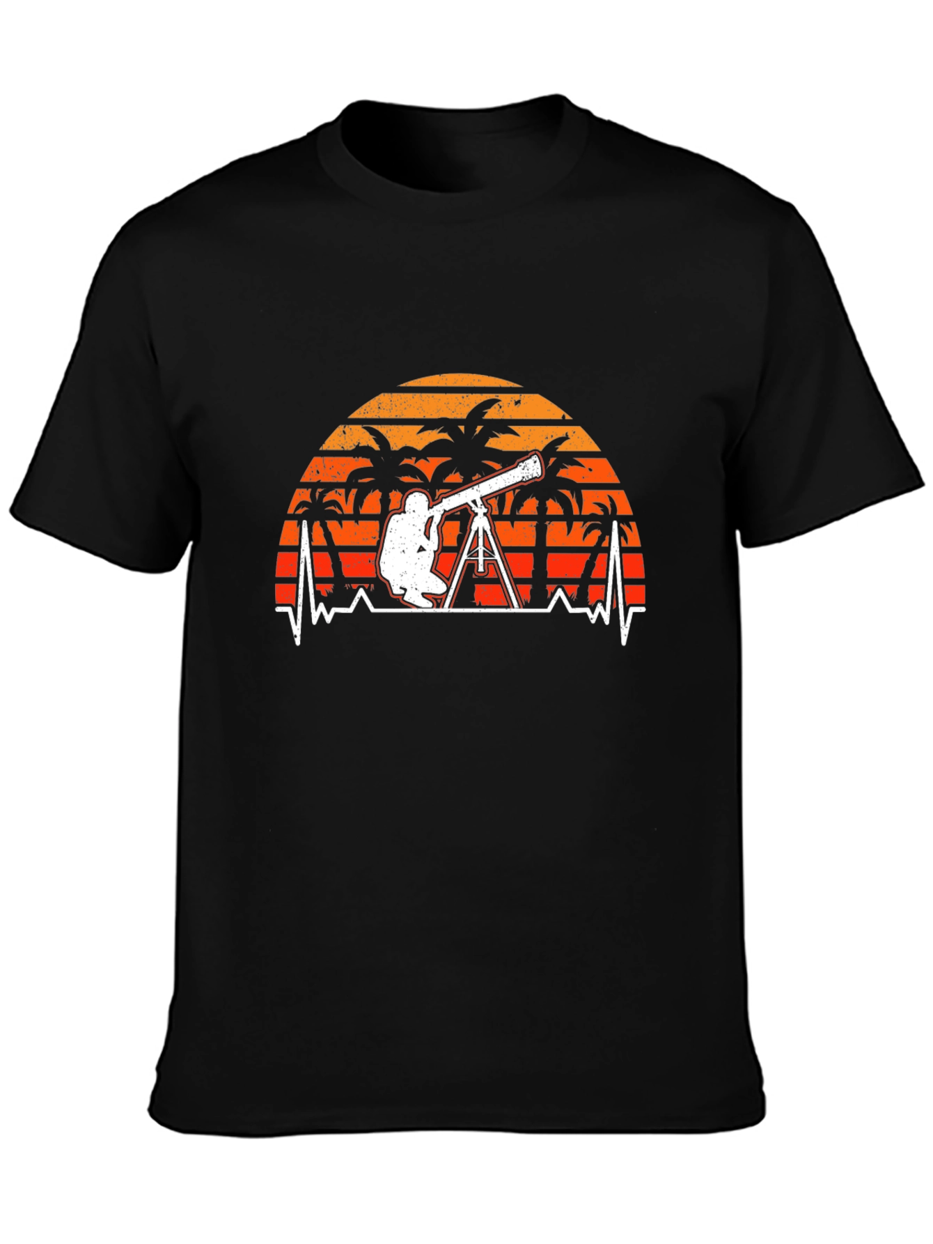 Black Astronomy T-Shirt: Telescope Heartbeat Sunset Design view 3