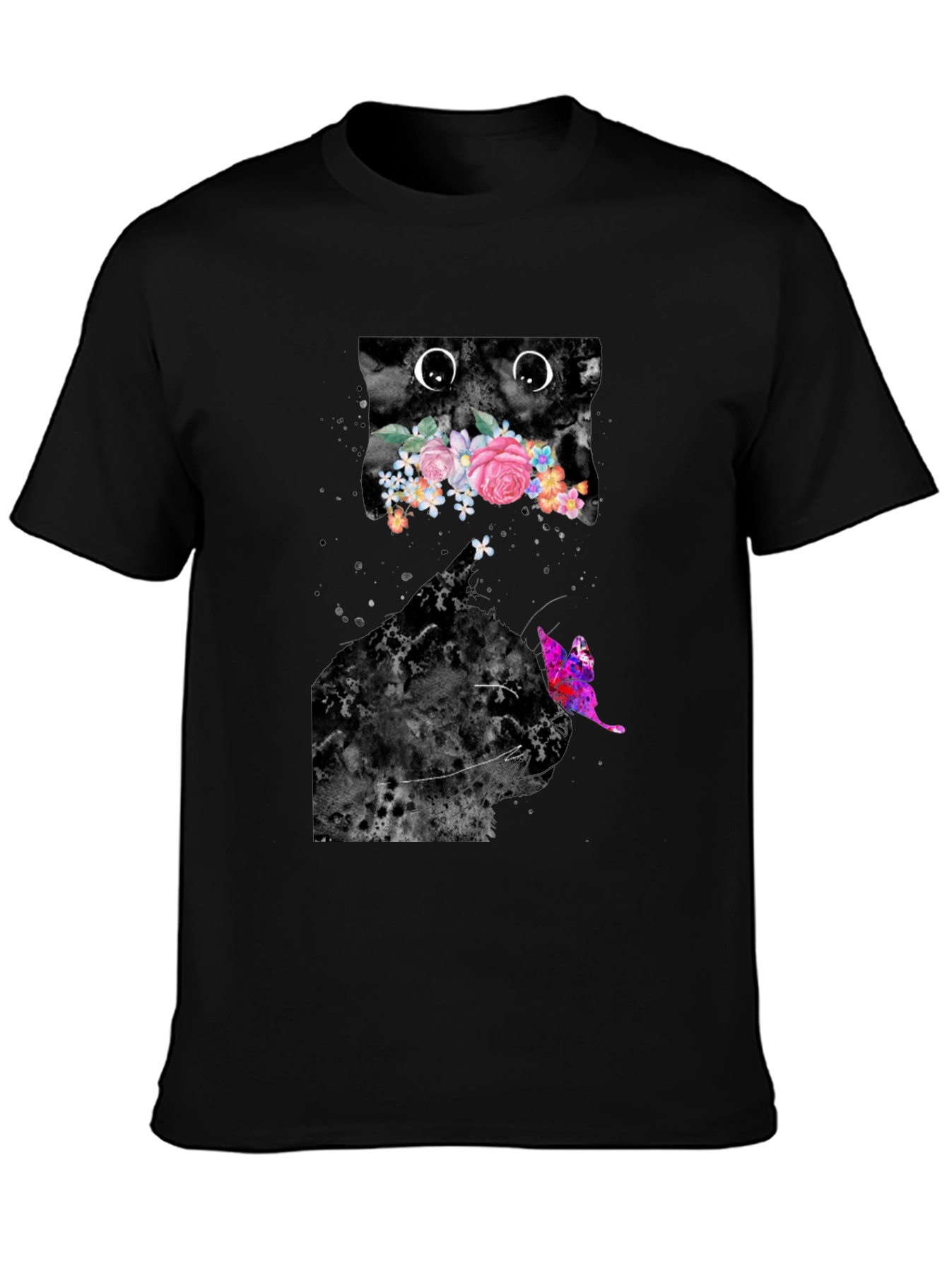 Black Floral Cat Graphic Tee - Trendy Men's Black T-Shirt view 3