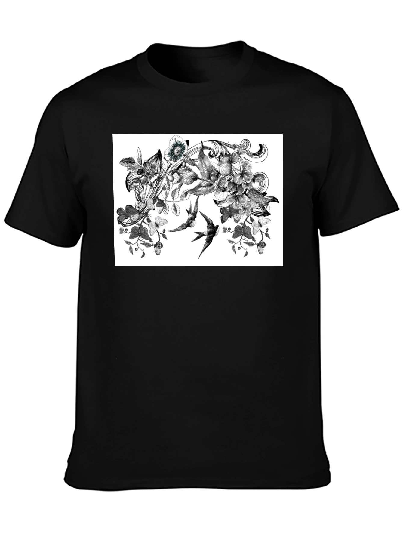 Black Botanical Swallow T-Shirt - Artistic Black Tee view 3
