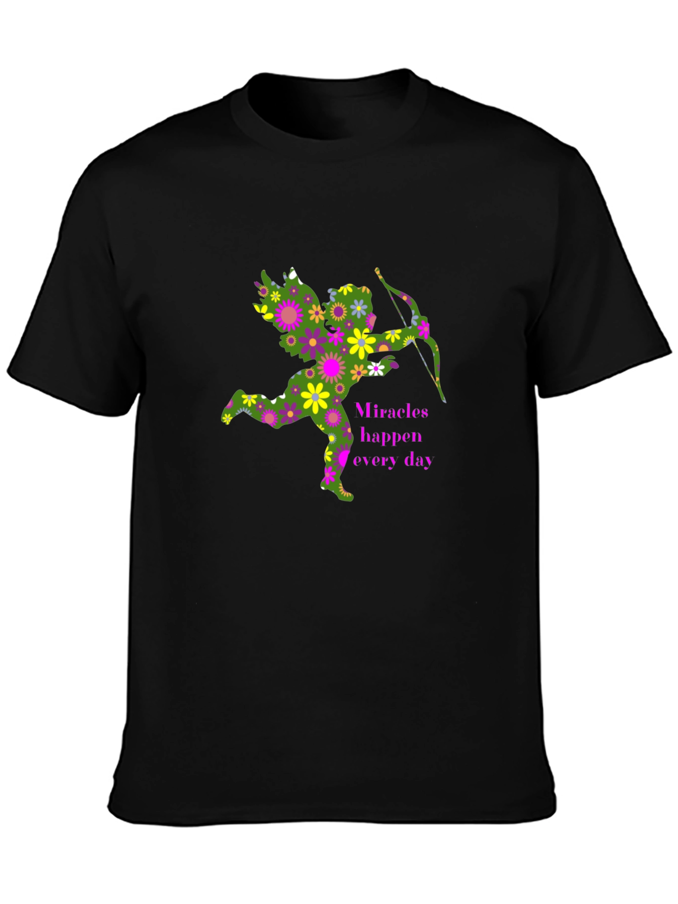Black Floral Cupid T-Shirt - Miracles Happen view 3