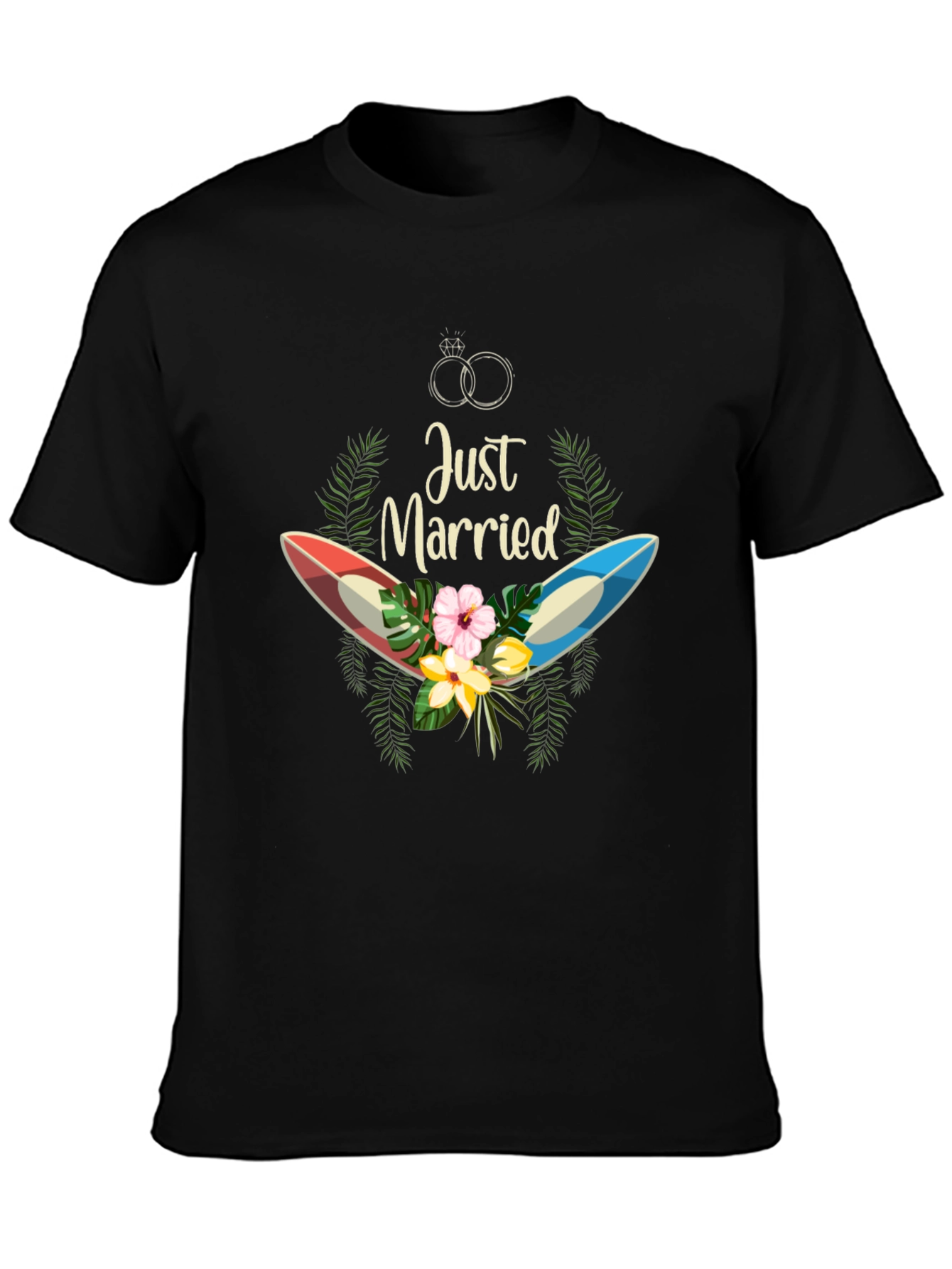 Black Just Married Surfboard T-Shirt view 3