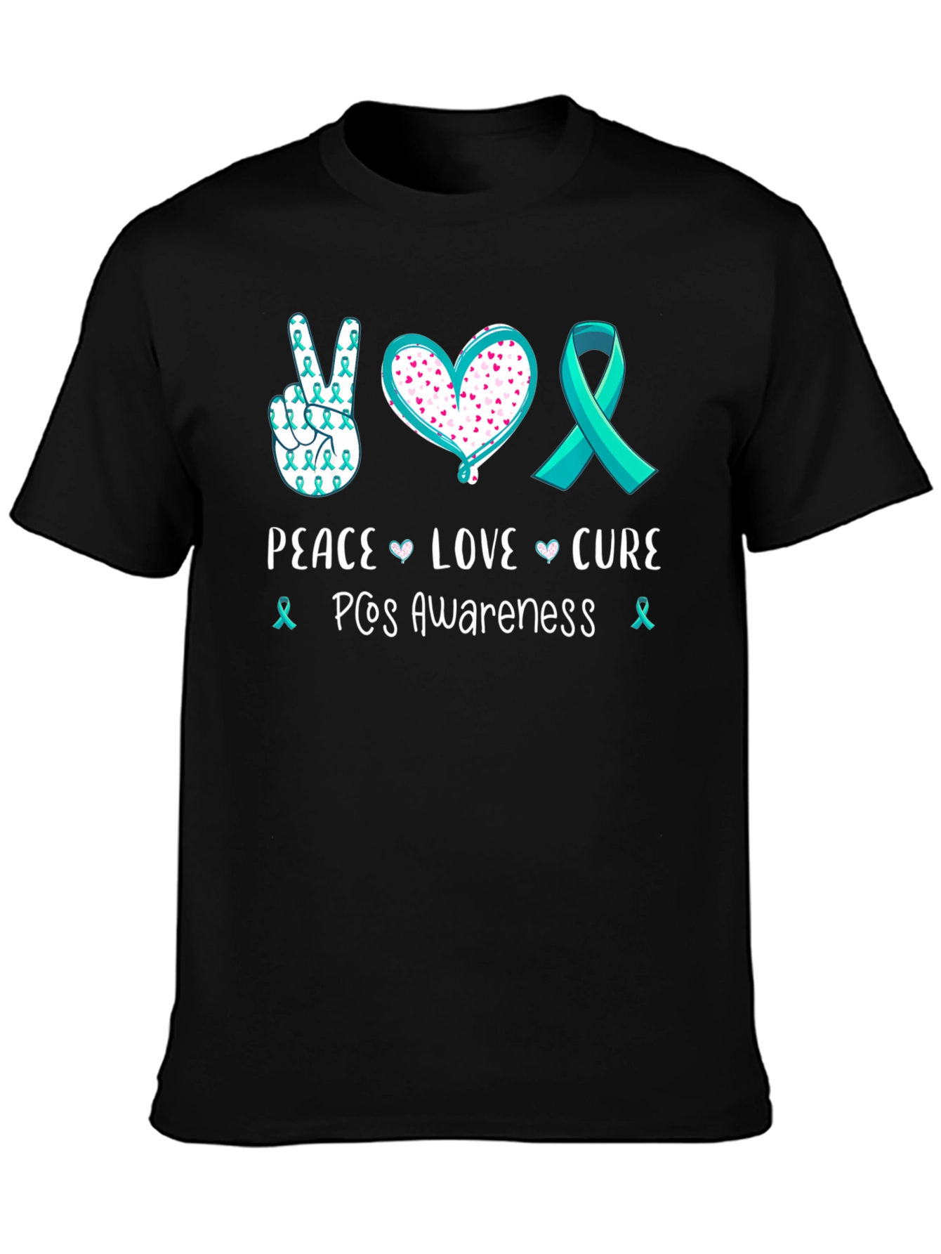 Black PCOS Awareness Peace Love Cure T-Shirt view 3