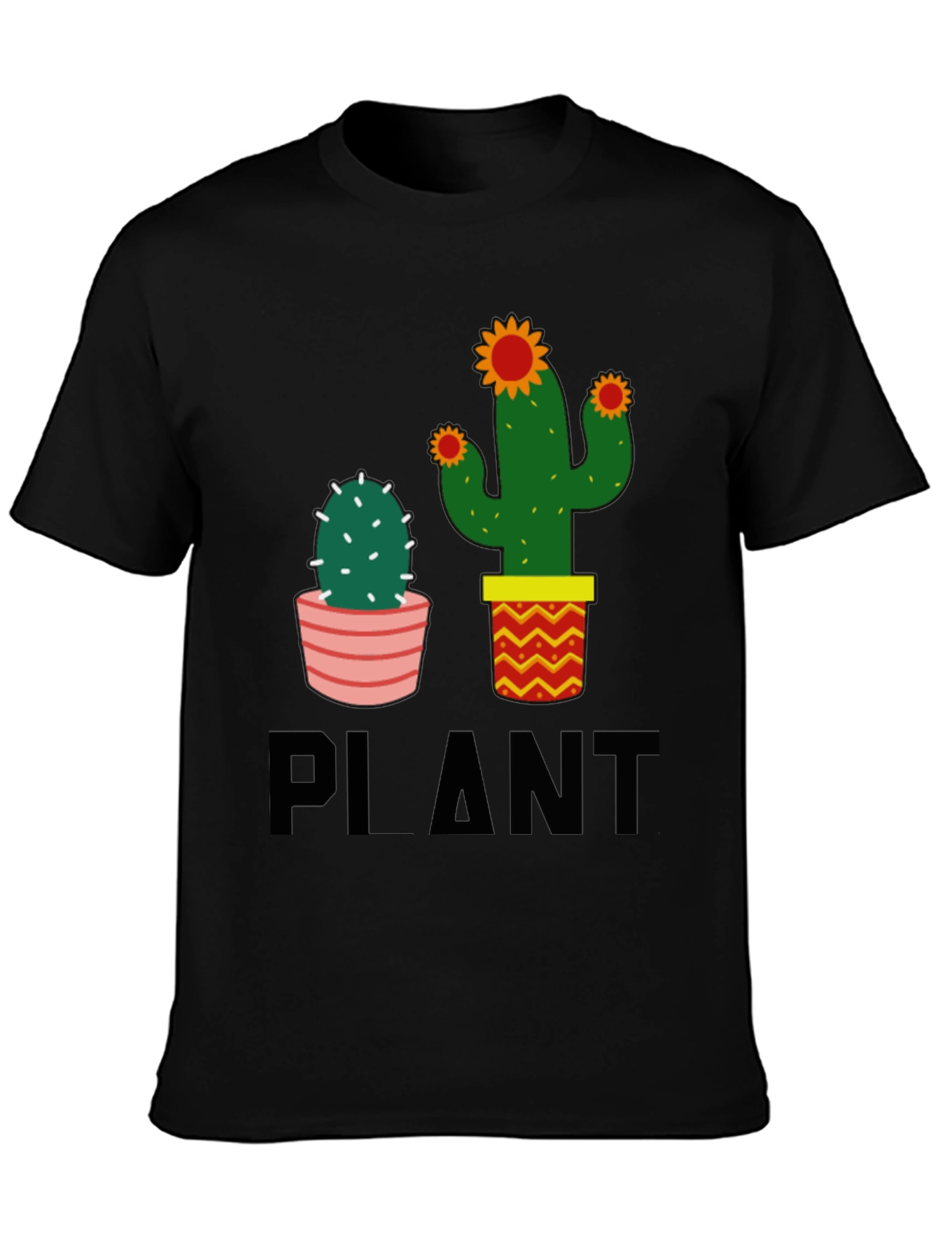 Black Cactus Plant Graphic Tee - Black Cotton Casual T-Shirt view 3
