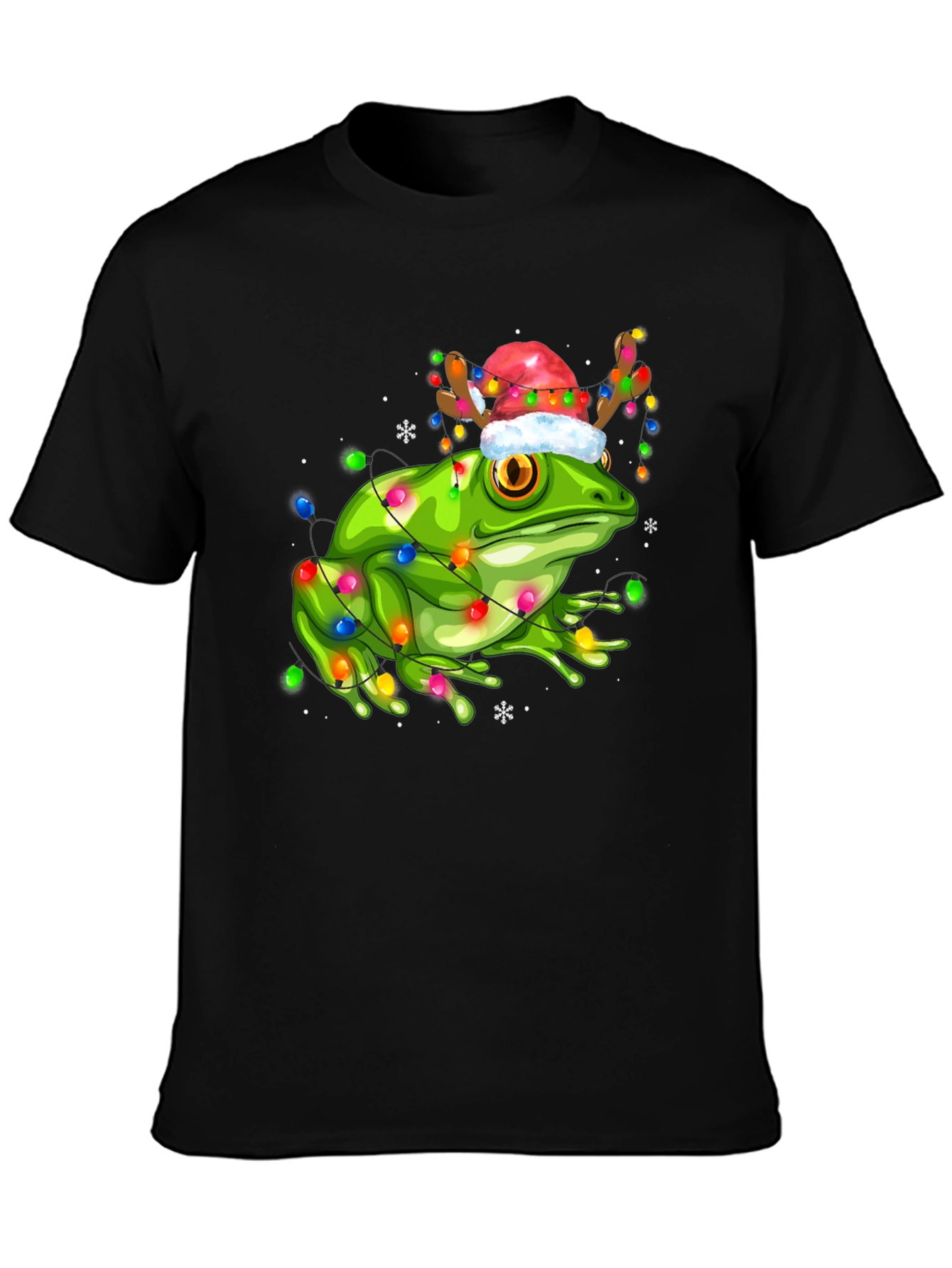 Black Festive Frog Tee: Christmas Lights & Reindeer Hat view 3