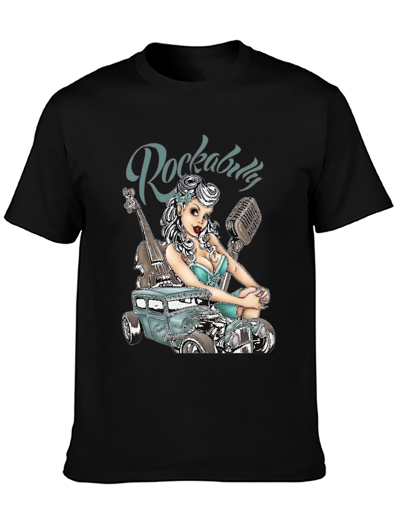 Black Rockabilly Style T-Shirt with Car & Pin-up Girl Design view 3