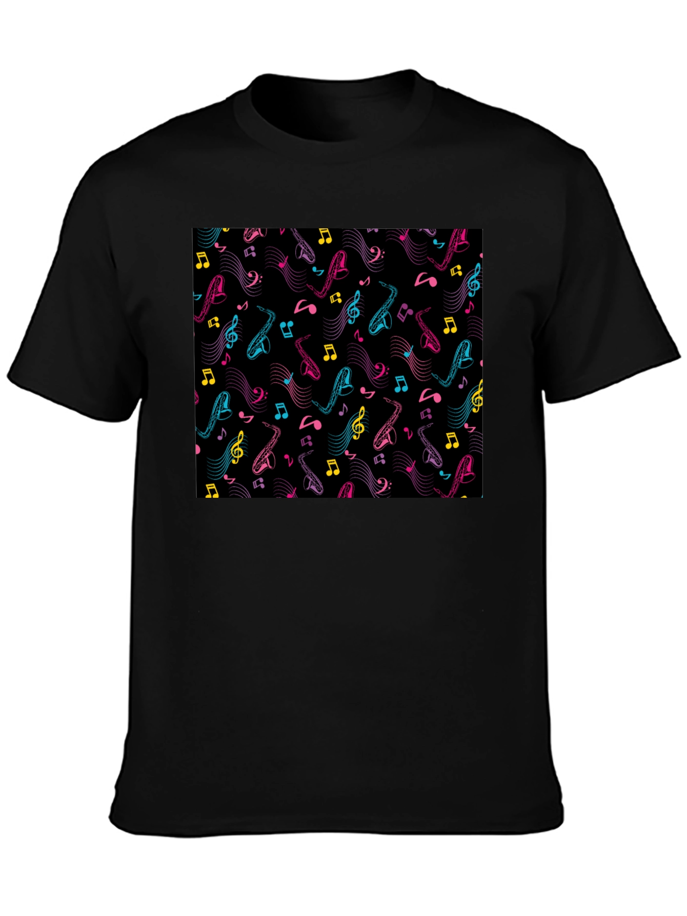 Black Musical Saxophone Pattern T-Shirt - Black view 3
