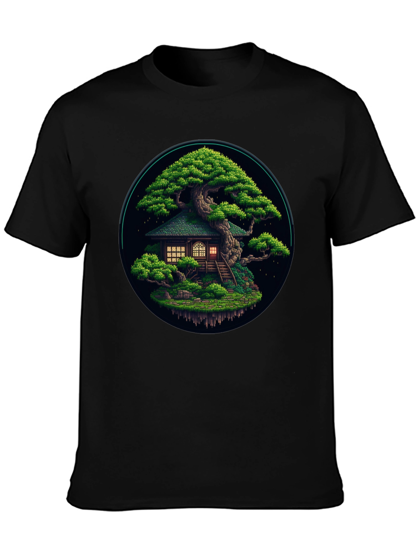Black Pixel Art Bonsai Tree House Black T-Shirt view 3