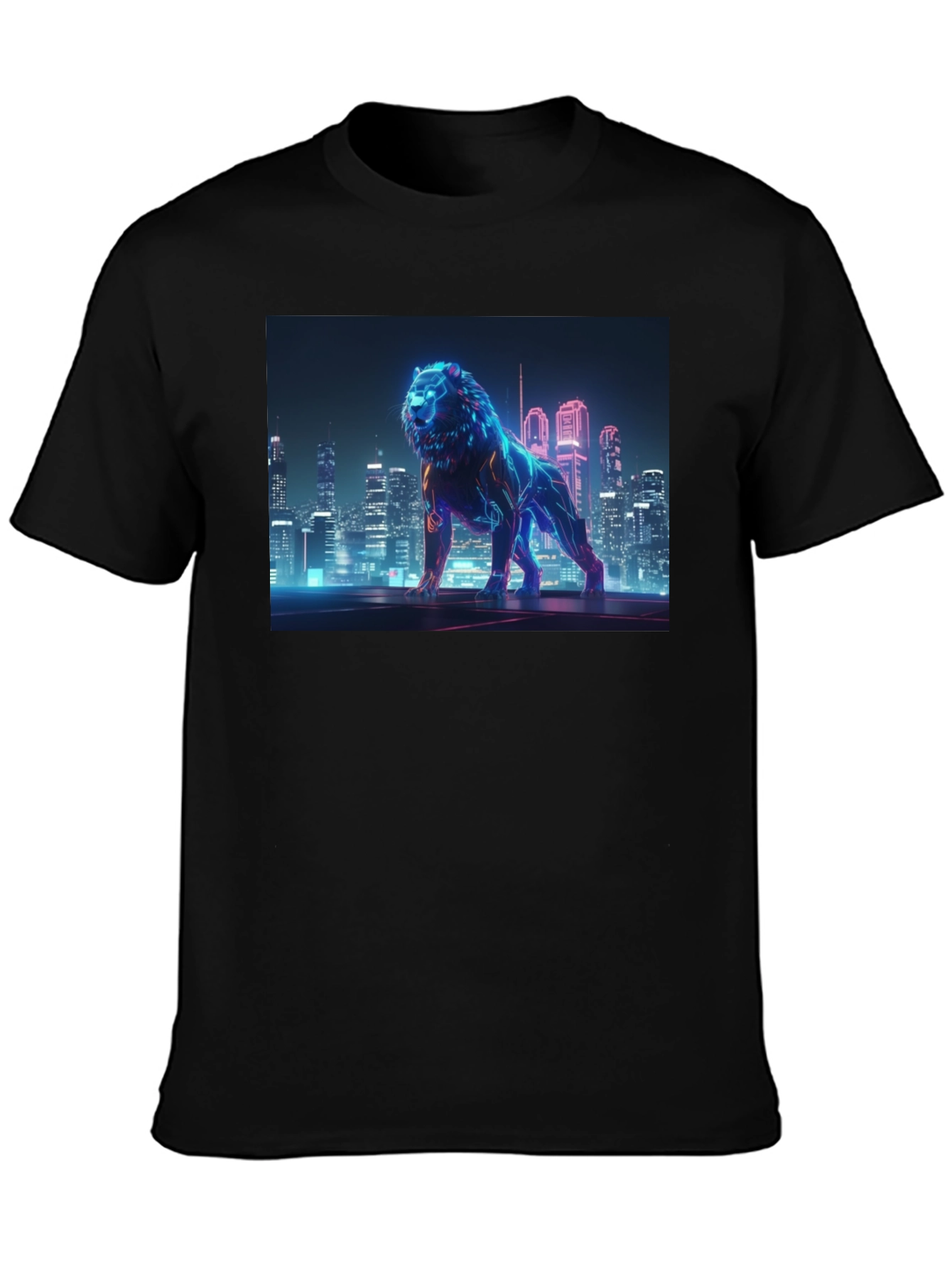 Black Neon Lion Cityscape Graphic Black Tee view 3