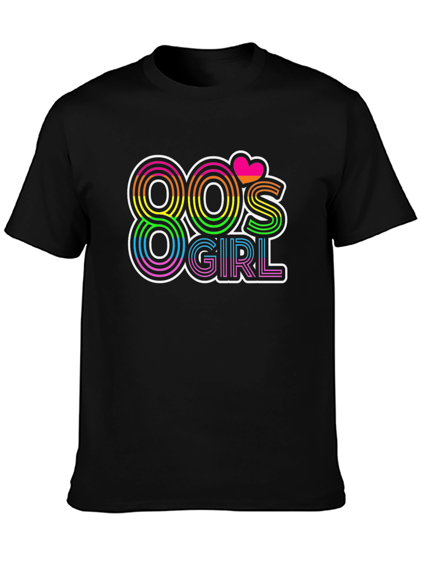 Black 80's Girl Retro T-Shirt - Rainbow Neon Design view 3