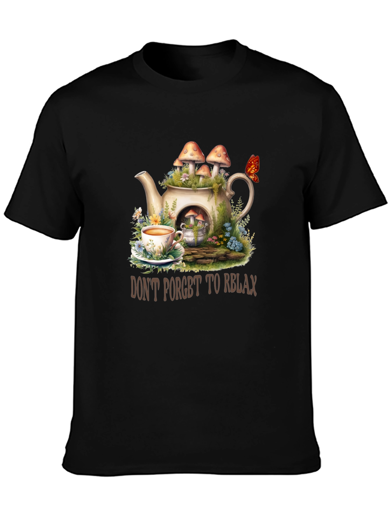 Black Relaxing Tea Party T-Shirt - Mushroom Teapot Design view 3