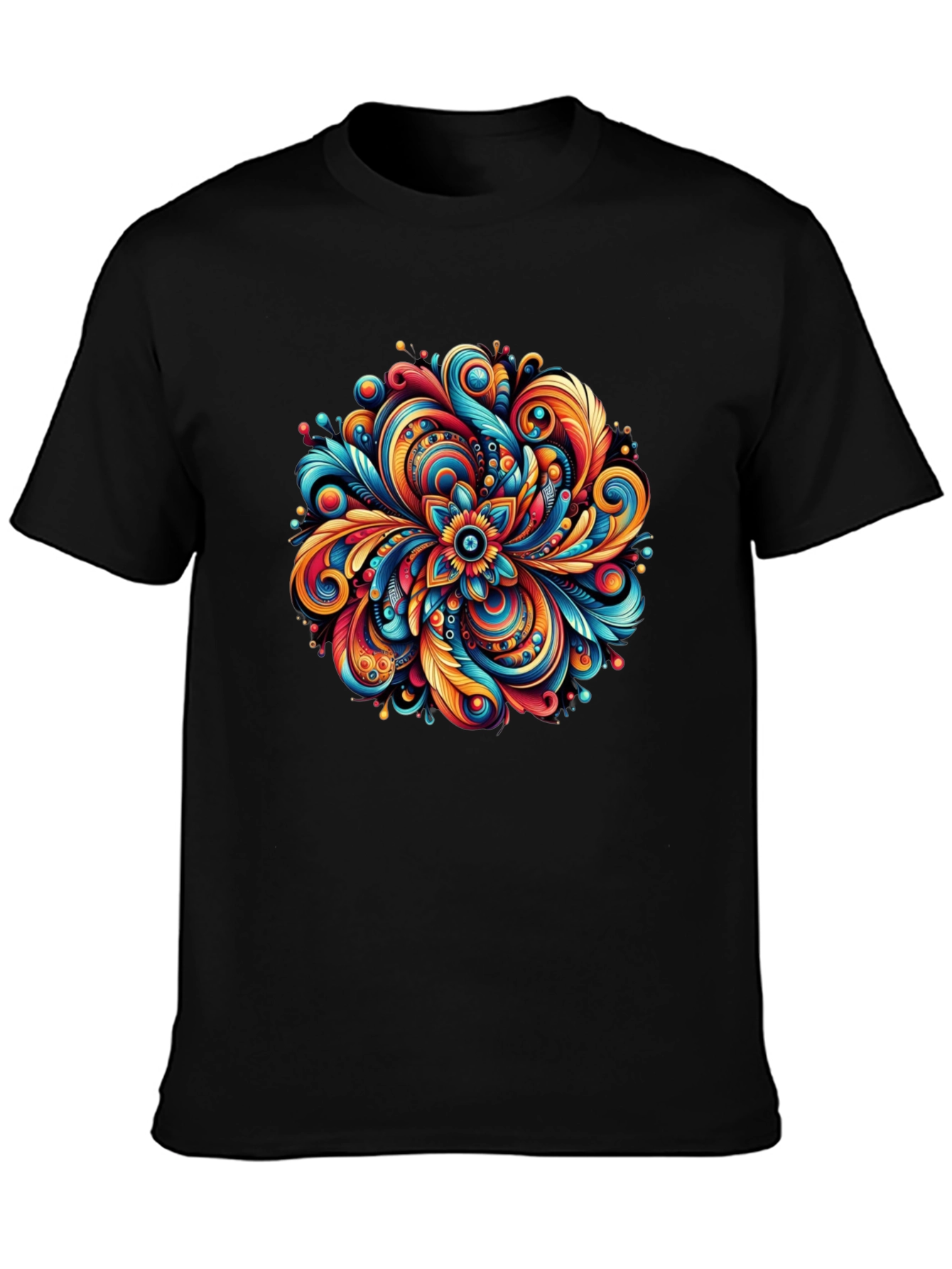 Black Vibrant Floral Mandala Graphic Tee - Black Cotton Comfort view 3