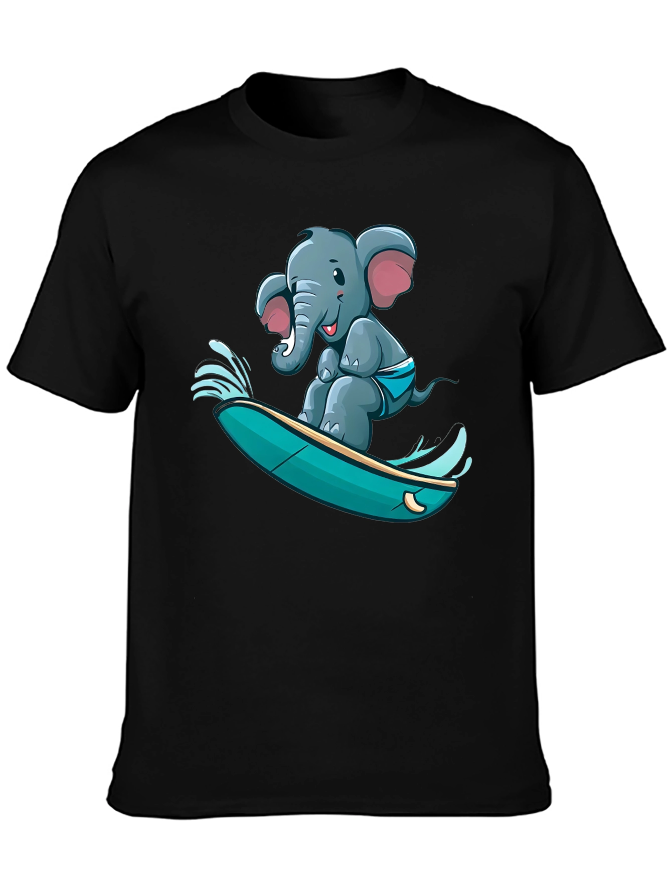 Black Surfing Elephant T-Shirt - Unique Cartoon Design view 3