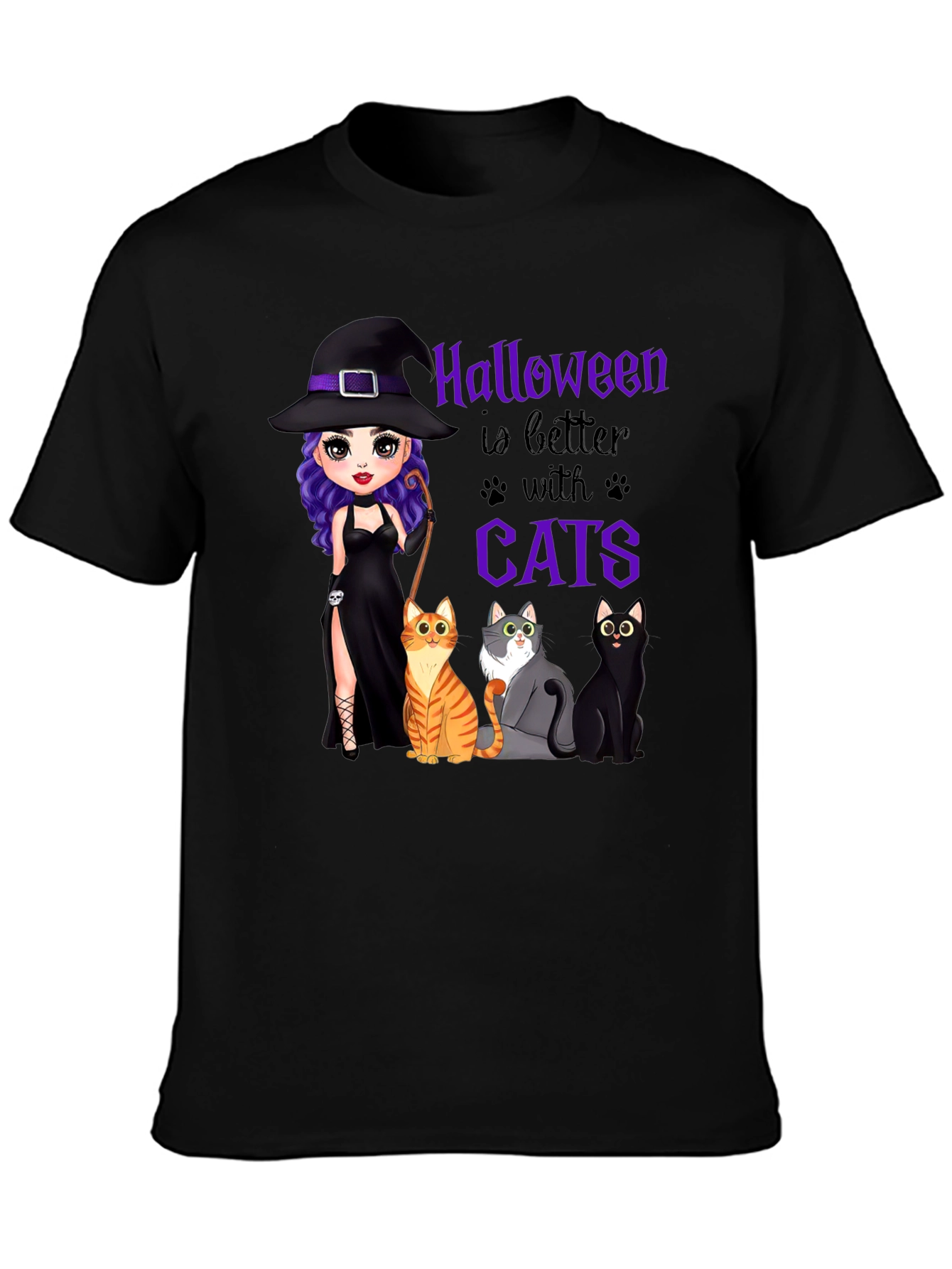 Black Halloween Witch and Cats T-Shirt view 3