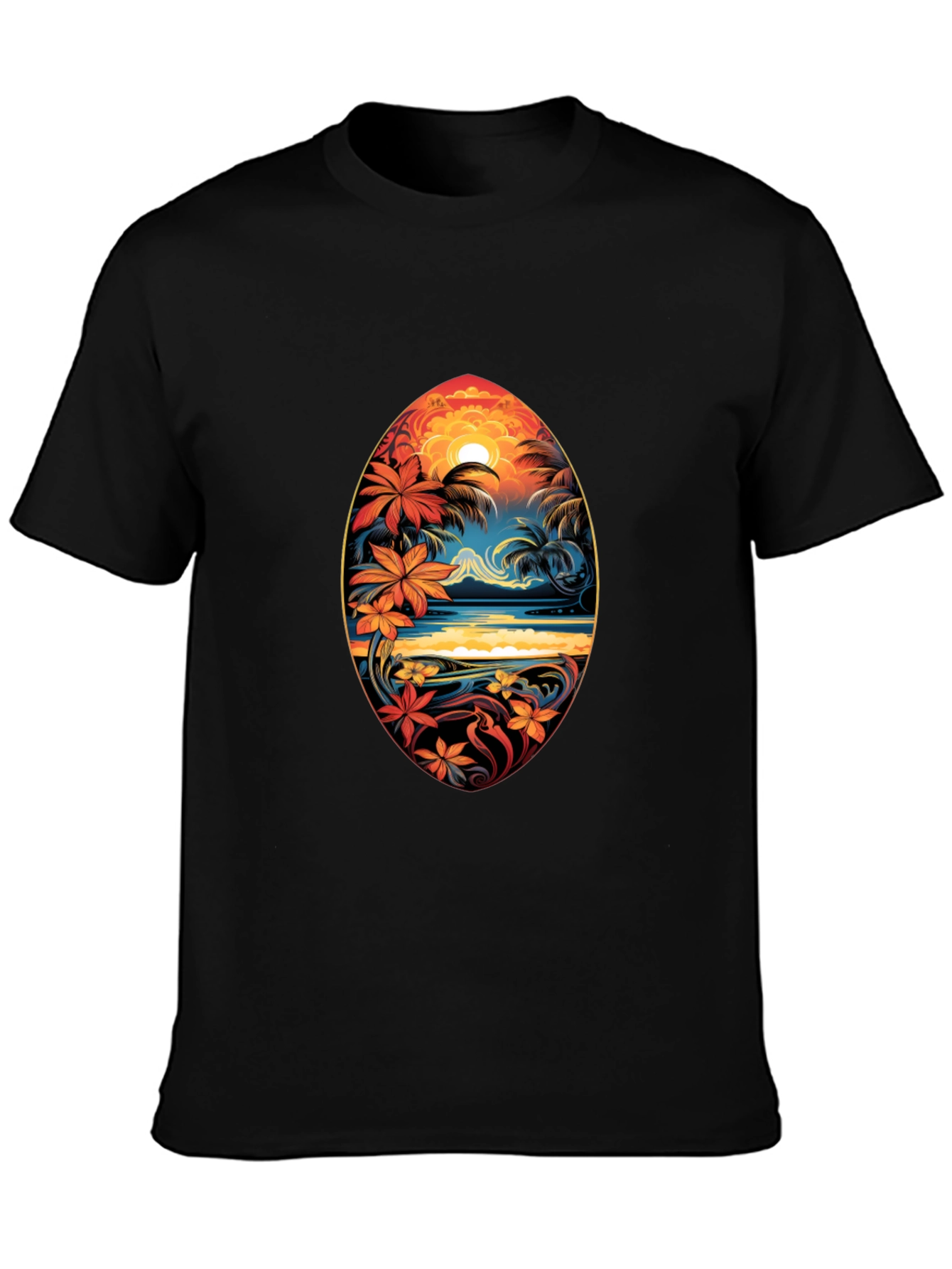 Black Tropical Island Surfboard Design Black T-Shirt view 3