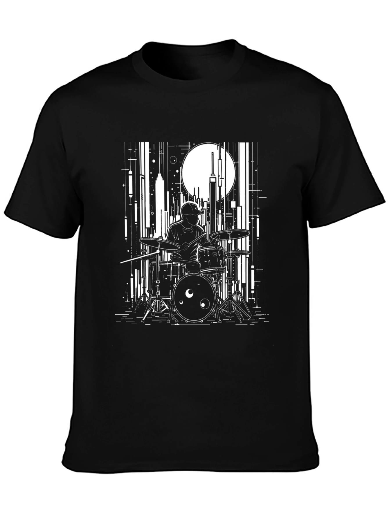 Black Drummer Cityscape Graphic Tee - Black Cotton T-Shirt view 3
