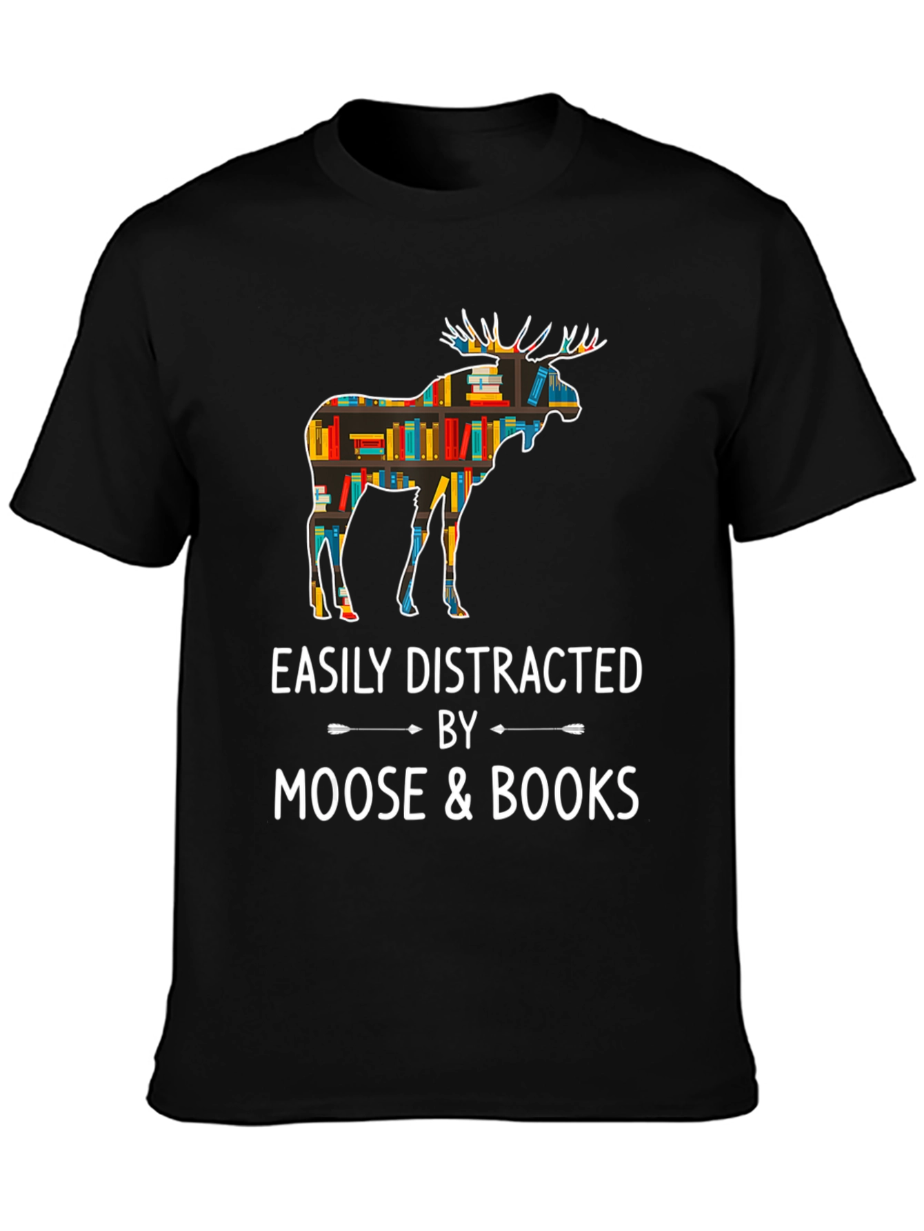Black Easily Distracted by Moose and Books T-Shirt view 3