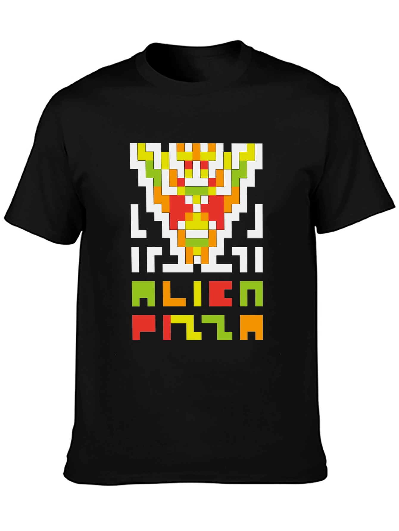 Black Alien Pizza Pixel Art Black T-Shirt view 3