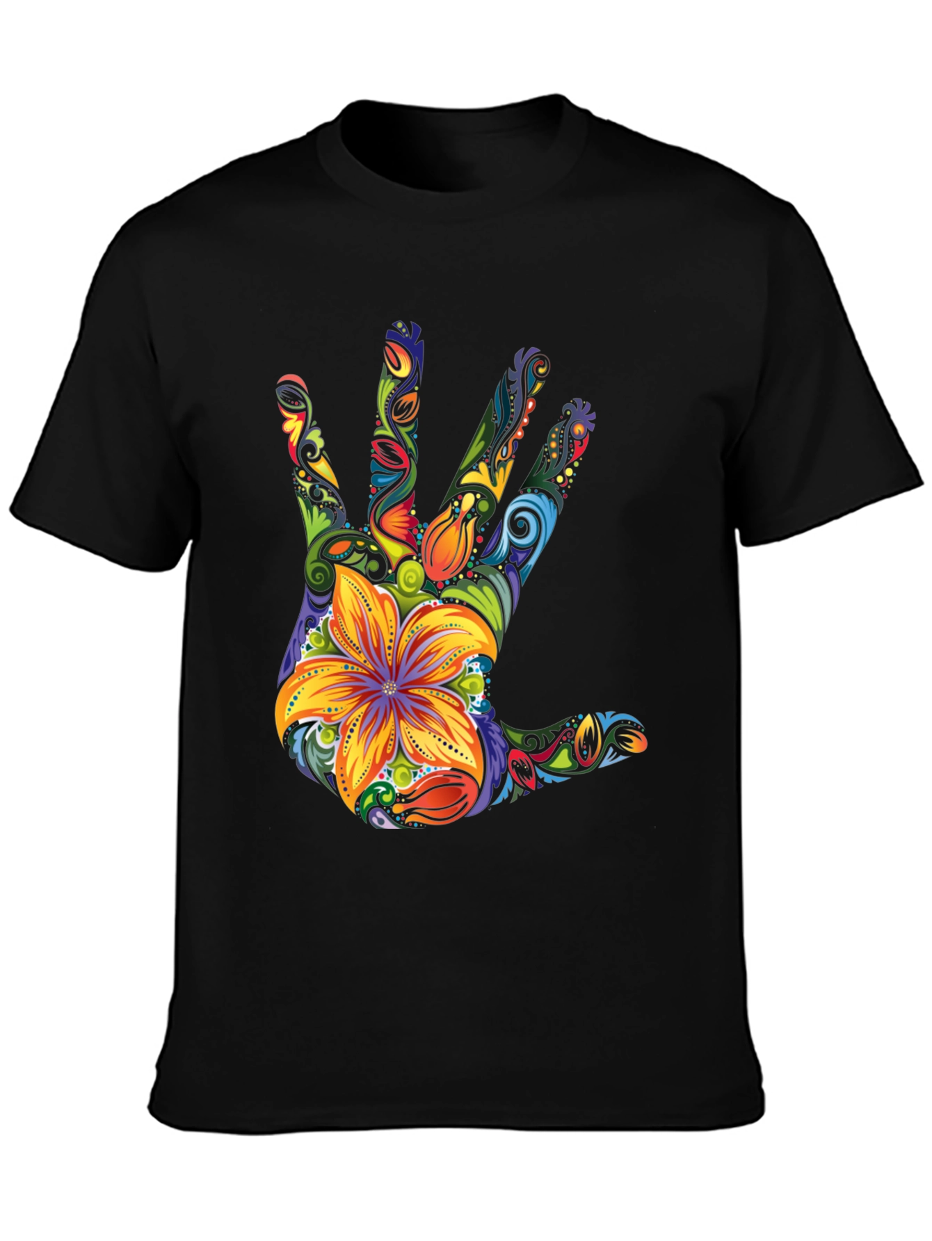 Black Floral Hand Print Black T-Shirt view 3