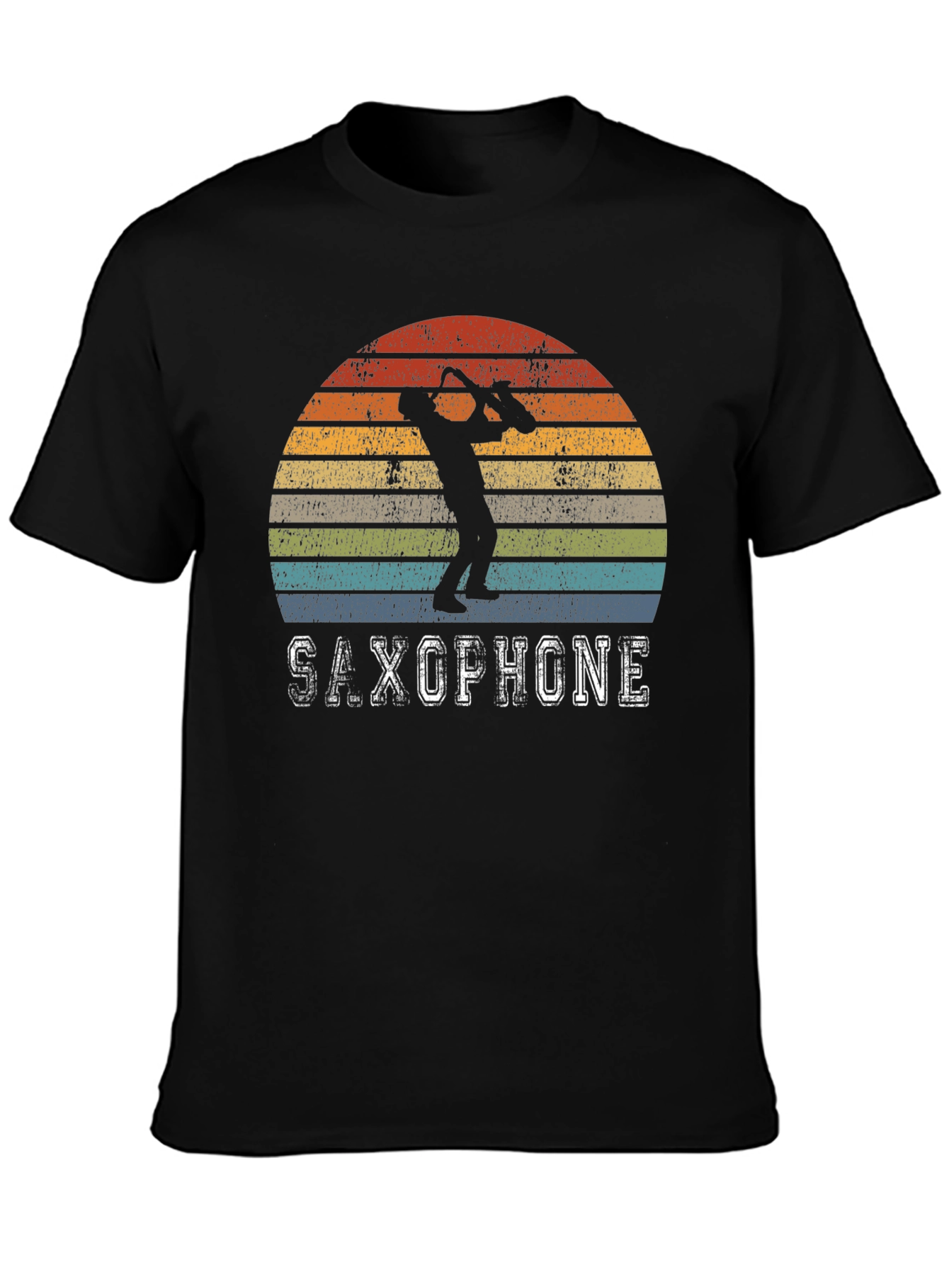 Black Retro Saxophone Player T-Shirt - Vintage Sunset Design view 3