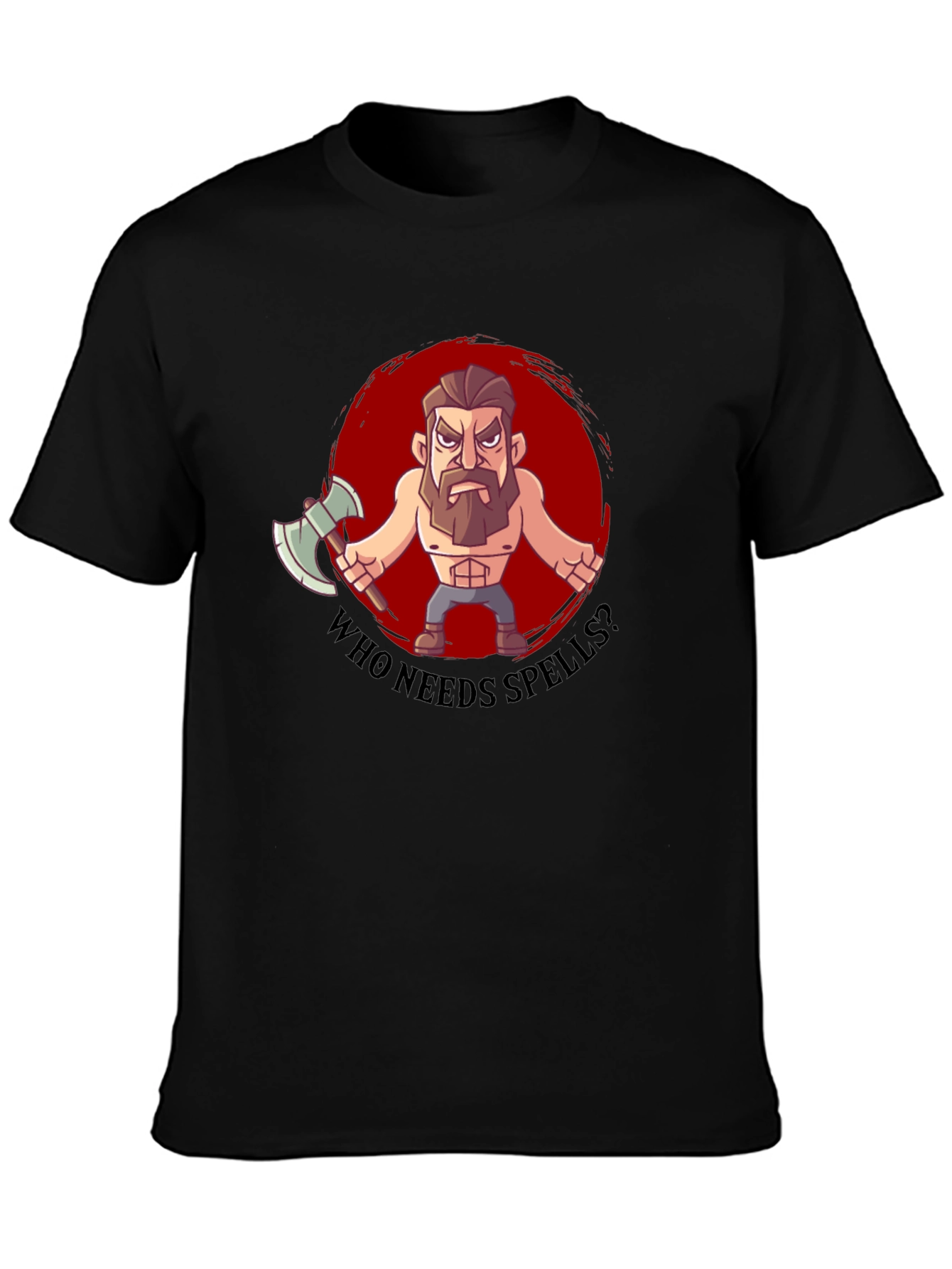 Black Barbarian Cartoon T-Shirt - Who Needs Spells? view 3