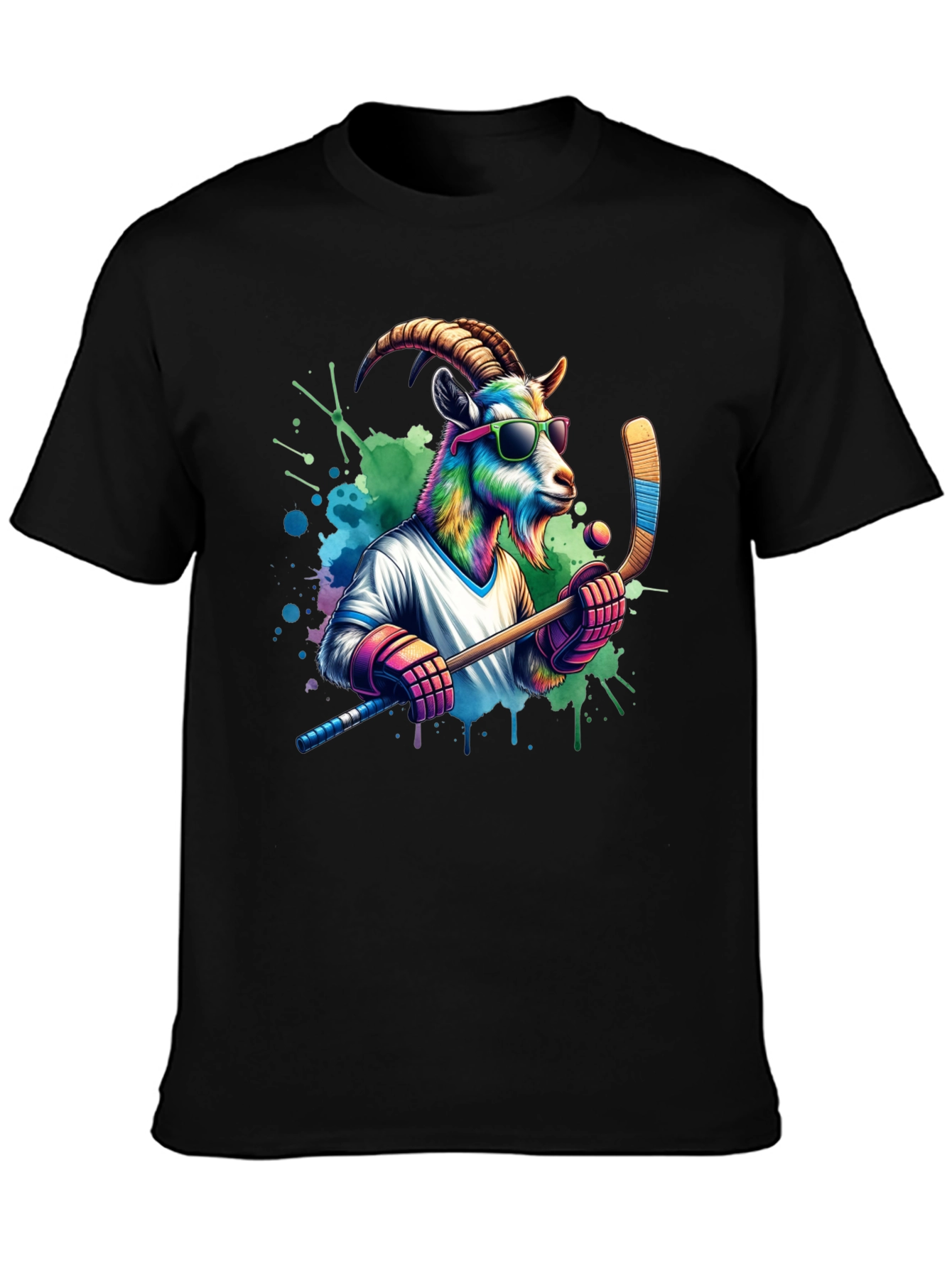 Black Cool Goat Hockey Player Graphic Tee view 3