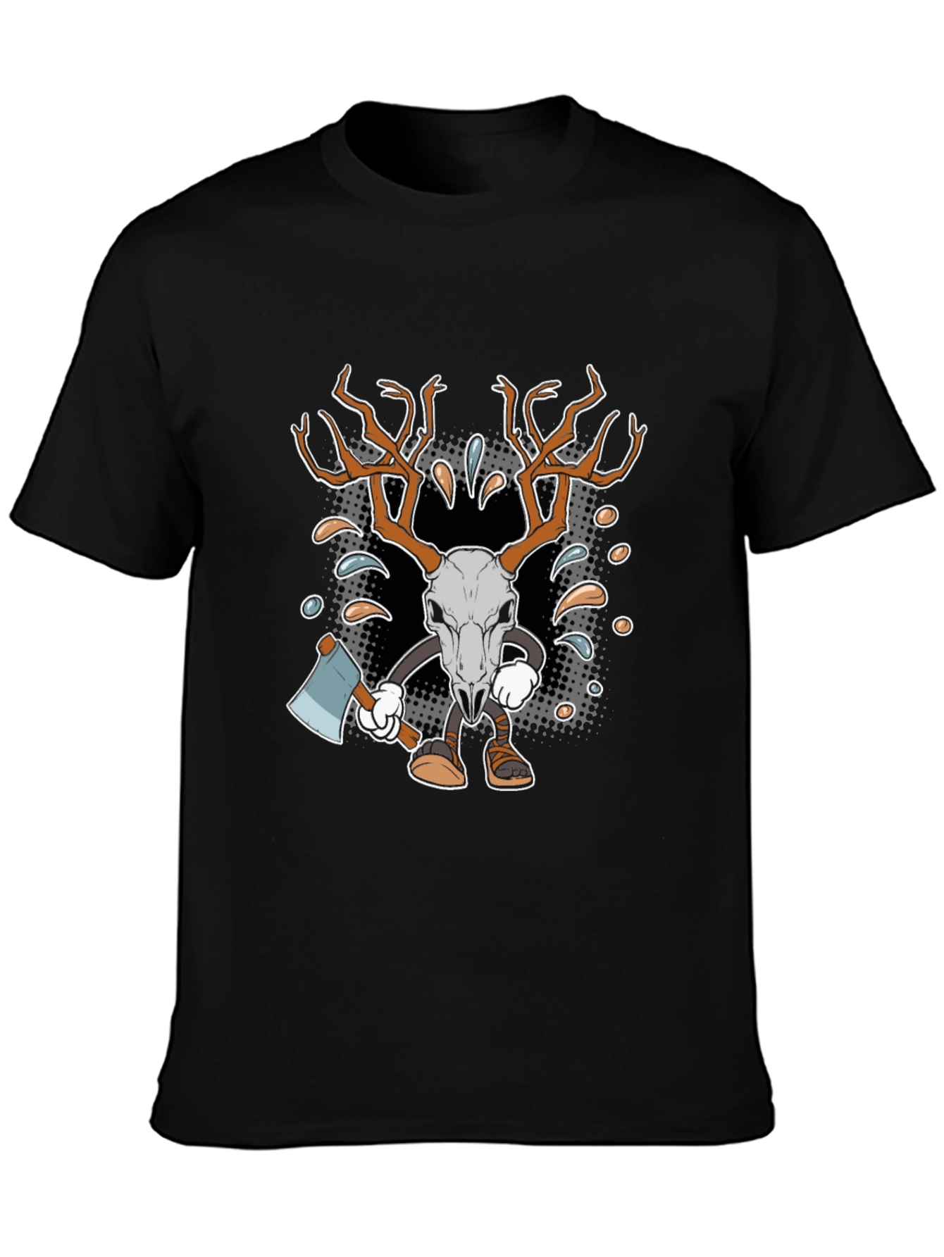 Black Cartoon Deer Skull Axe T-Shirt view 3