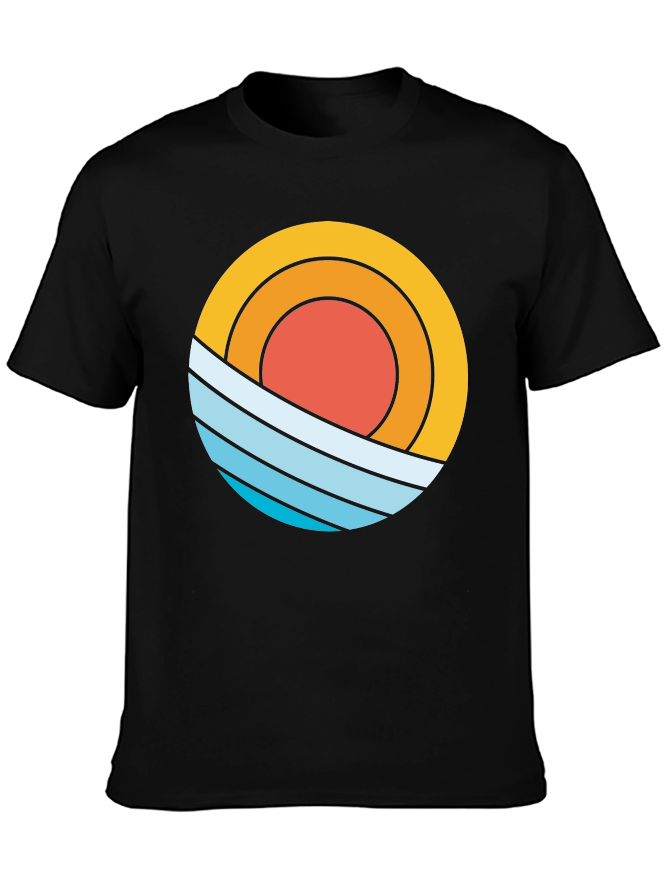 Black Retro Sun & Waves Graphic Tee - Black Cotton T-Shirt view 3