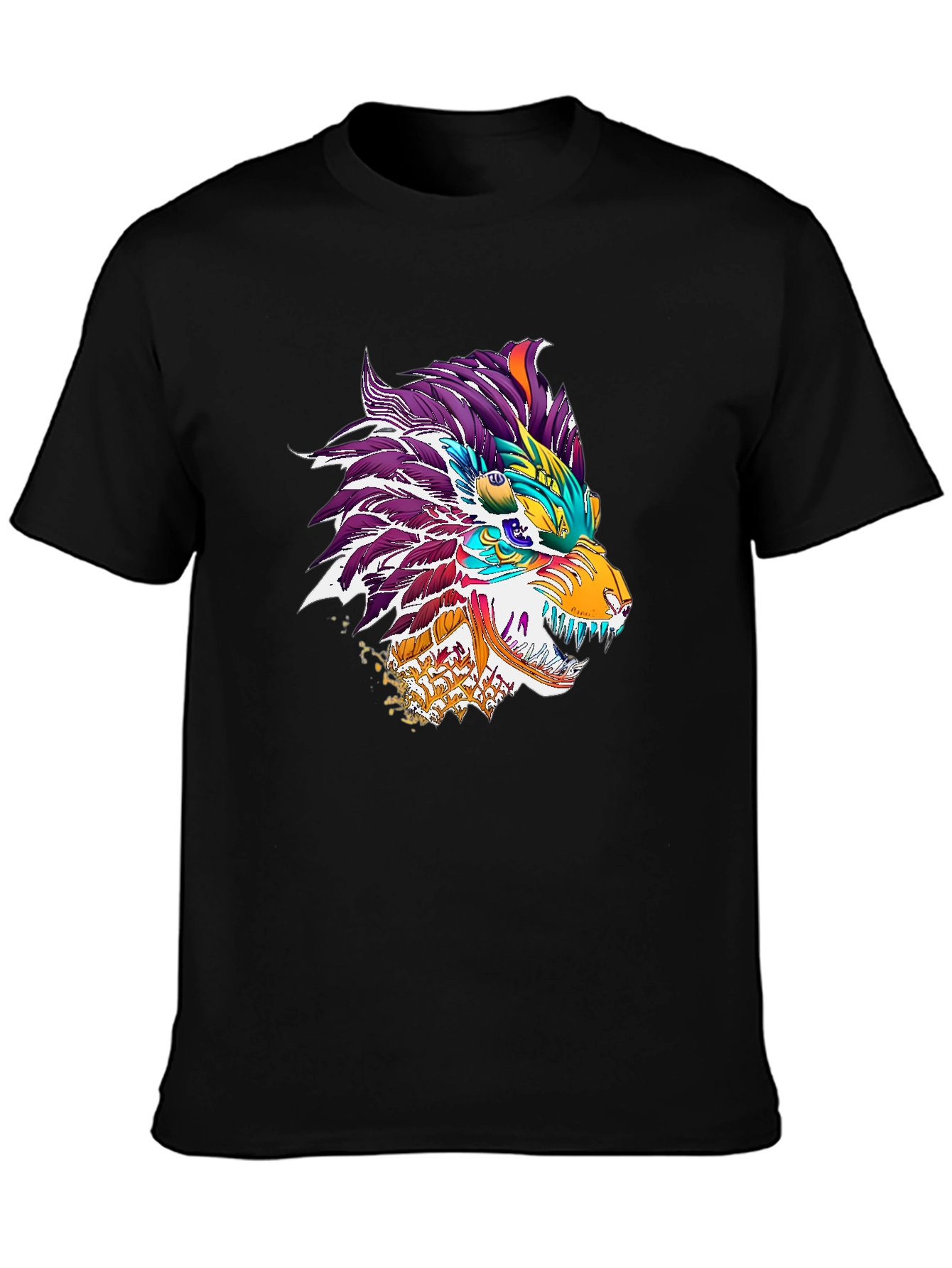 Black Colorful Dragon Wolf Graphic Tee - Black view 3
