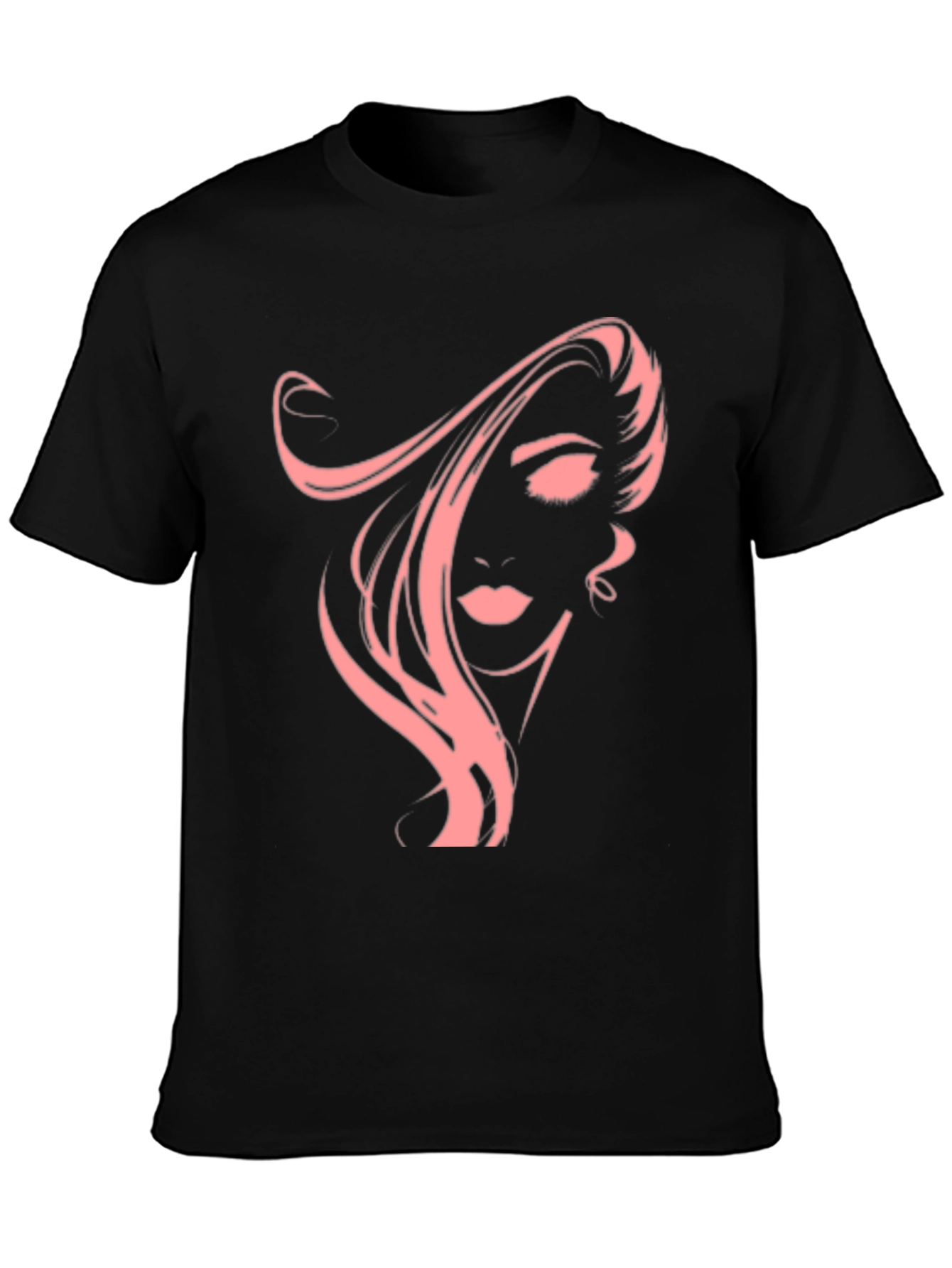 Black Stylish Black T-Shirt with Pink Woman Portrait Graphic view 3