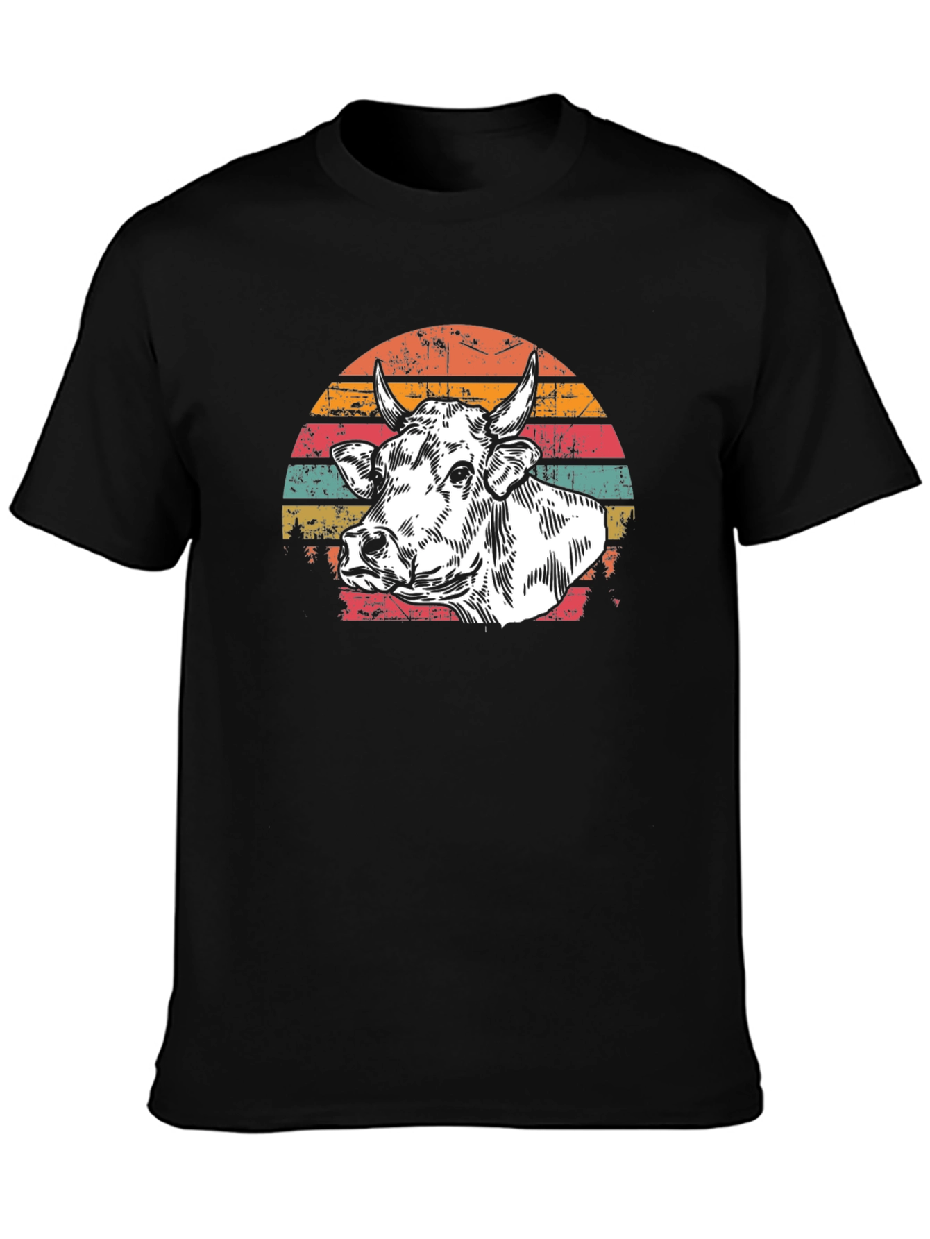 Black Vintage Cow Graphic Tee - Retro Sunset Design view 3