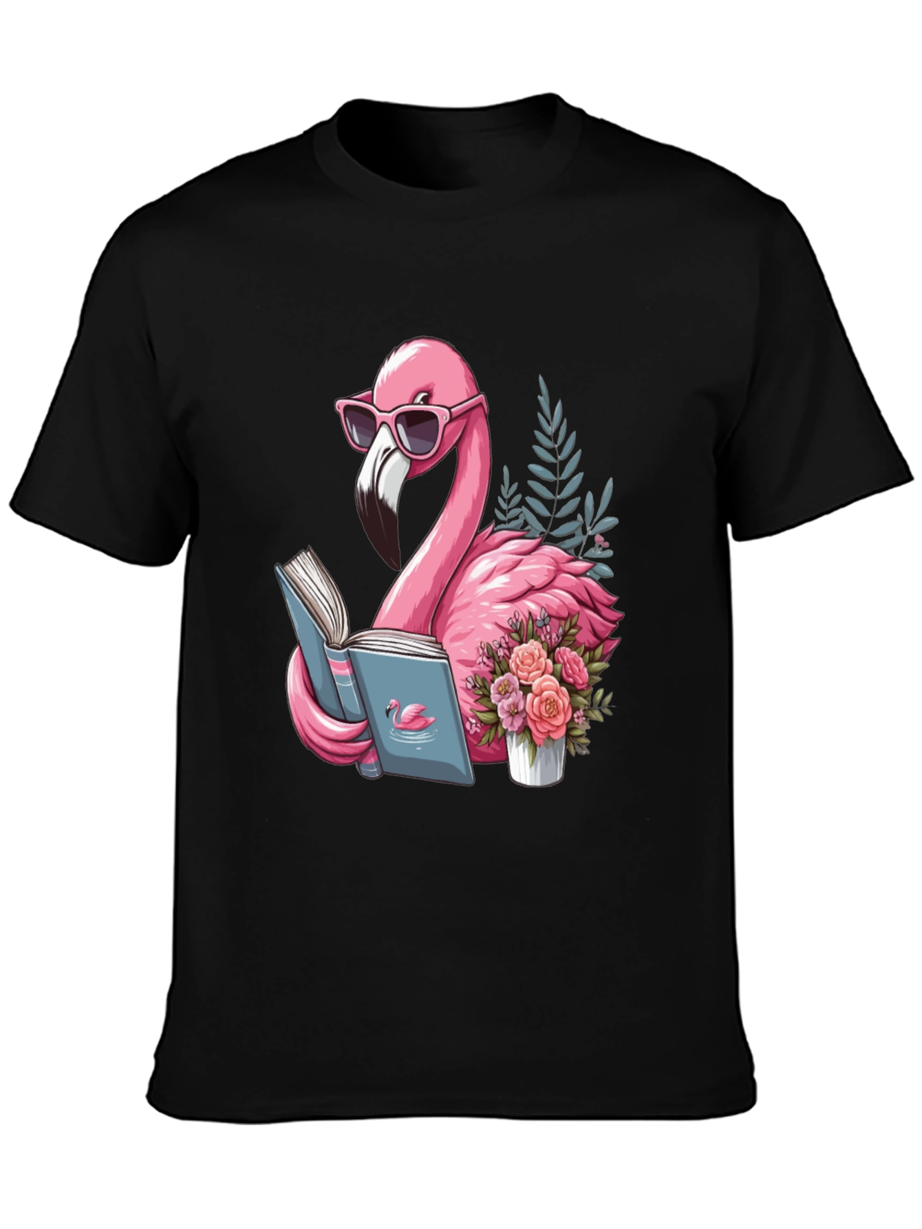 Black Flamingo Reading T-Shirt - Black Cotton Tee view 3
