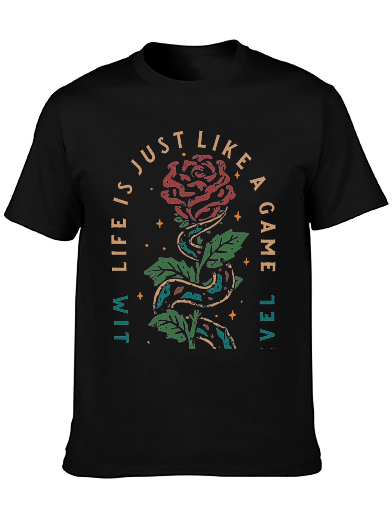 Black Rose & Snake Graphic Tee - Life is a Game T-Shirt view 3
