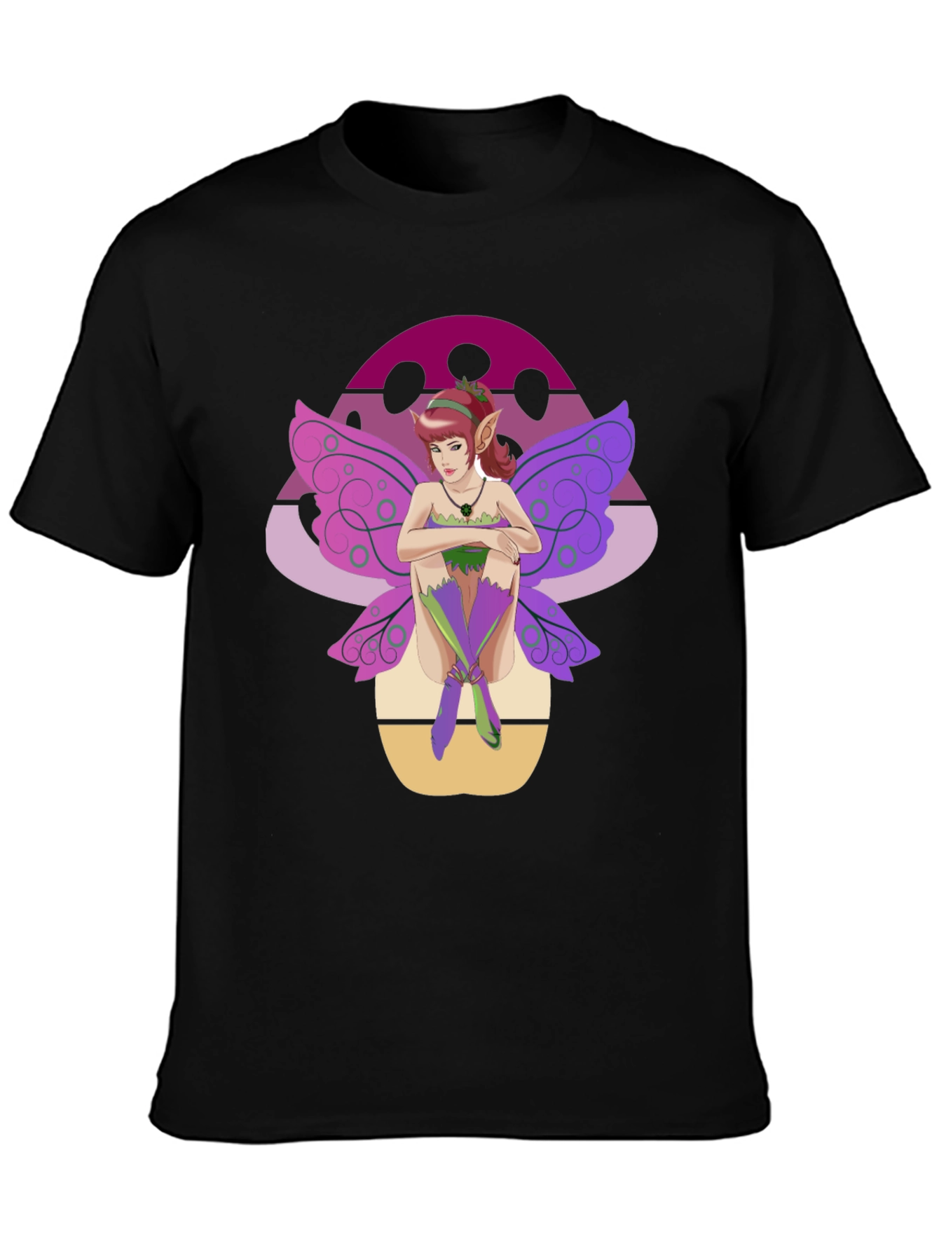 Black Fairy Mushroom Graphic Tee - Black Cotton Shirt view 3