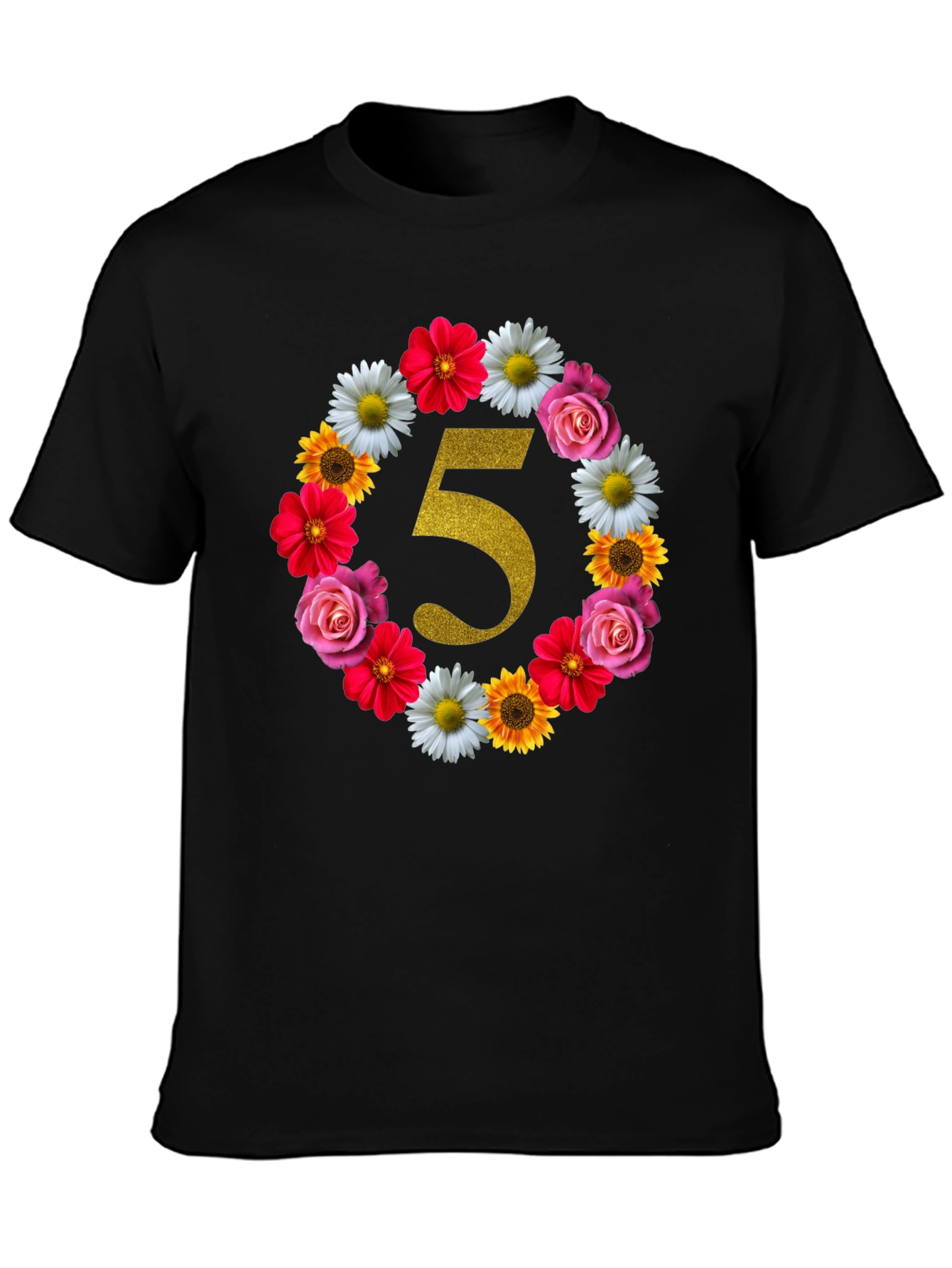 Black Floral Number 5 Birthday T-Shirt view 3