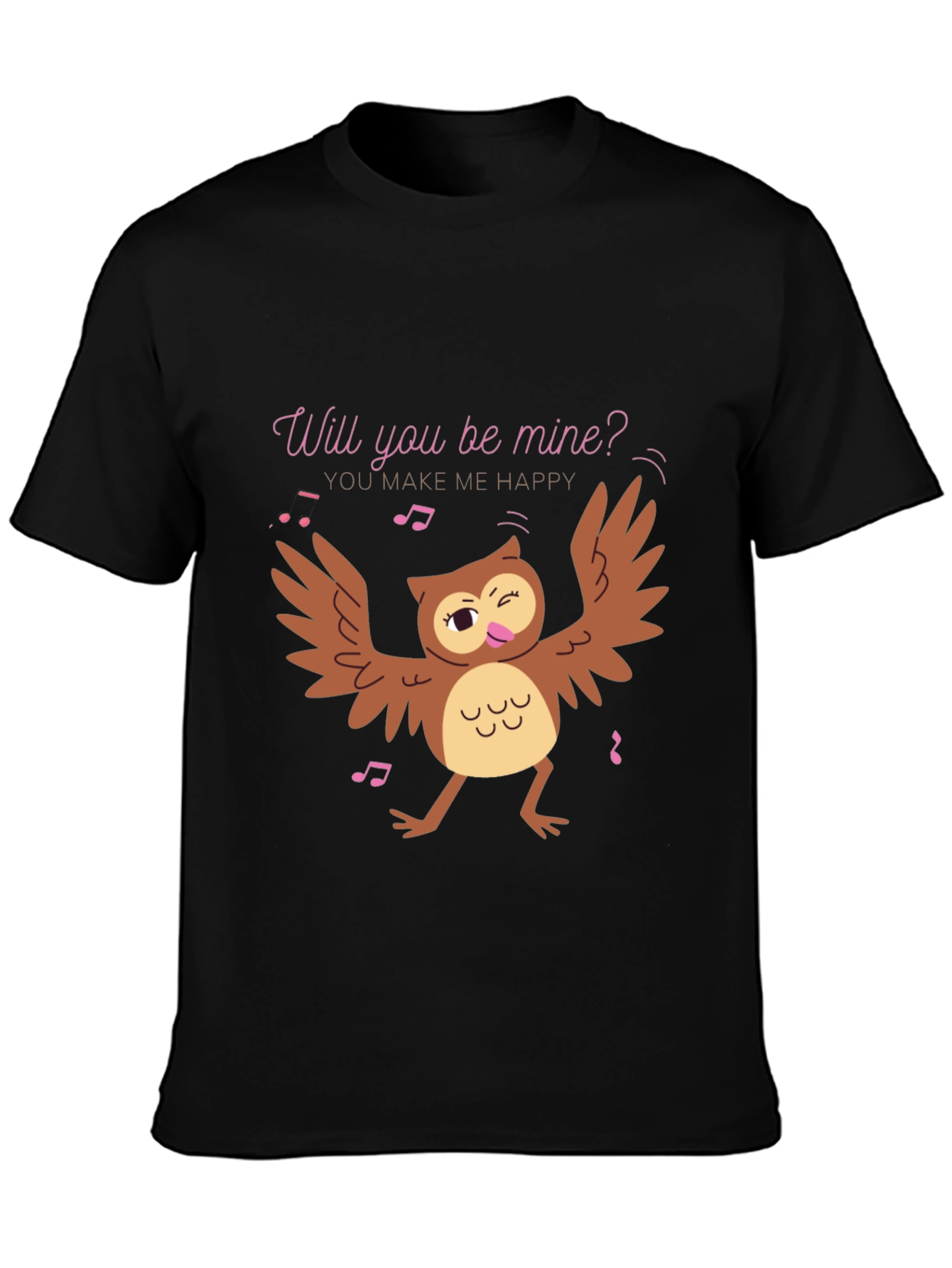Black Whimsical Owl Valentine's Day T-Shirt view 3