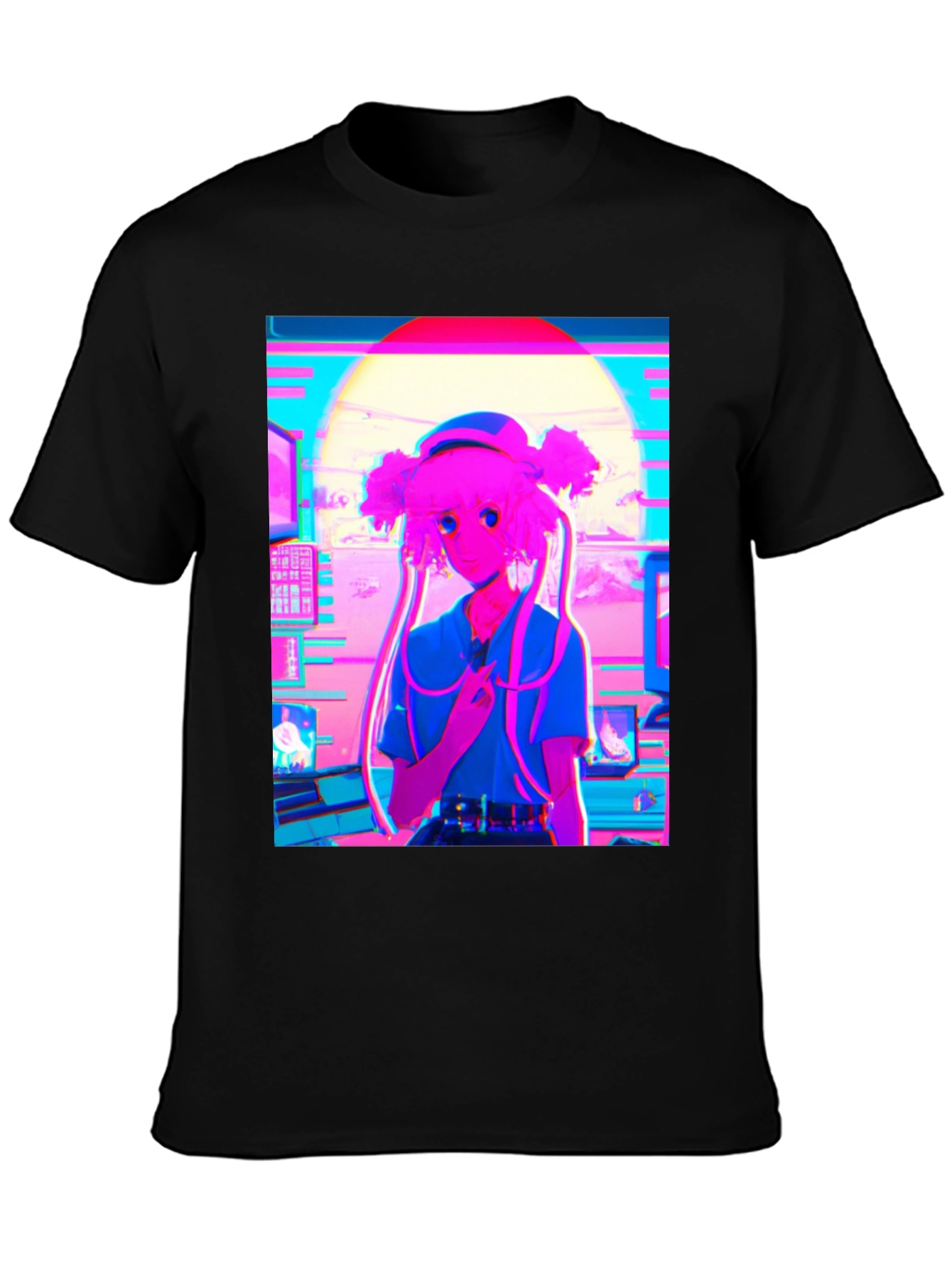 Black Vaporwave Anime Girl Graphic T-Shirt view 3