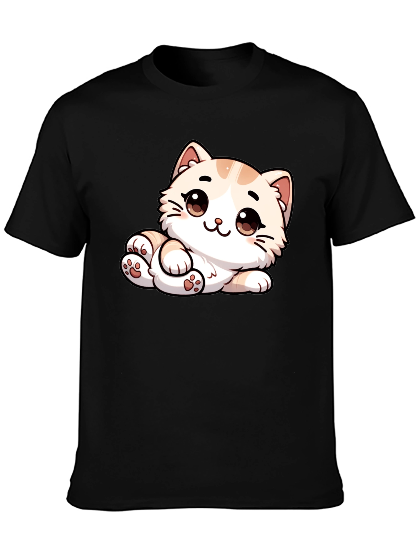 Black Cute Cartoon Cat Graphic Tee - Unisex Black T-Shirt view 3