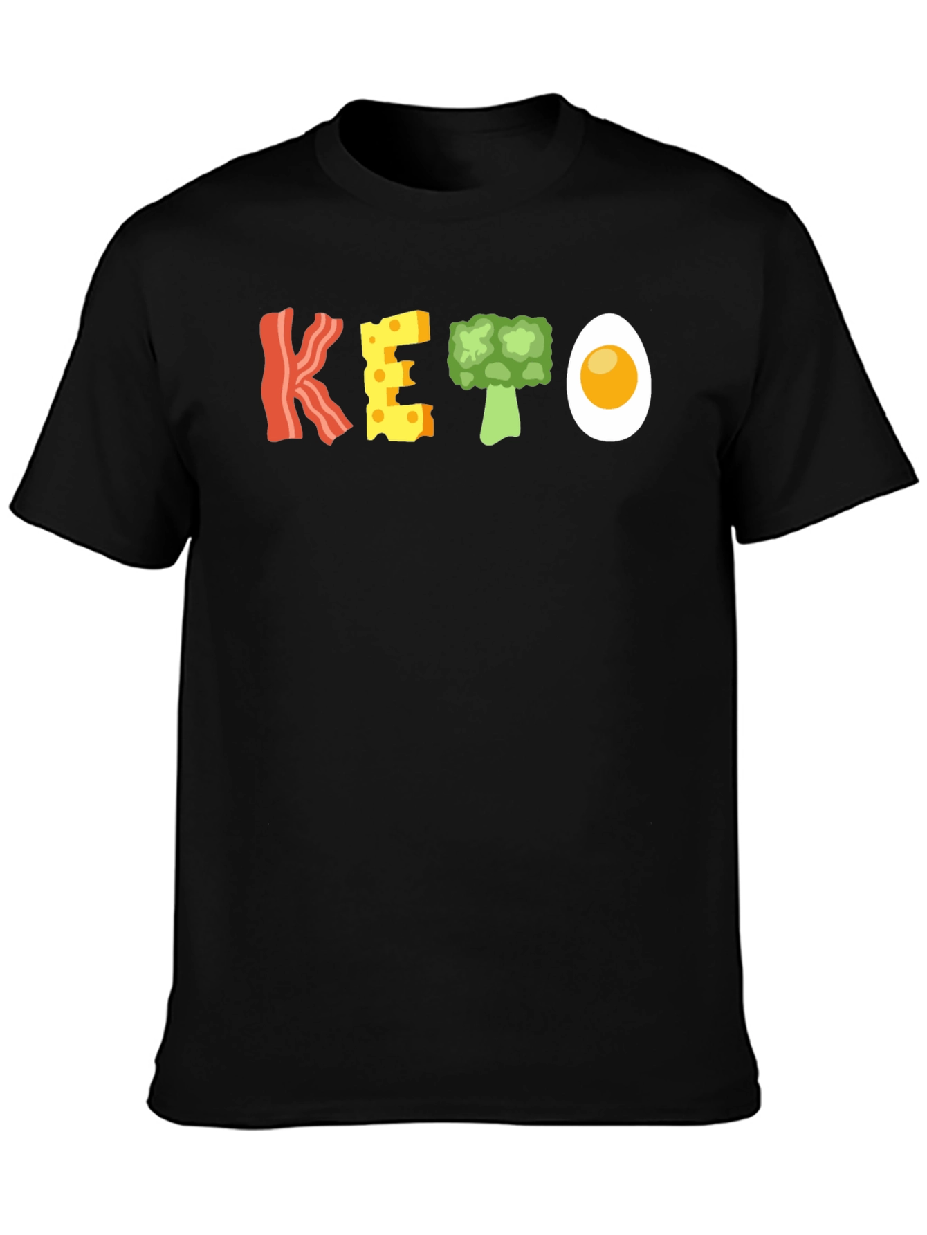 Black Keto Food T-Shirt - Bacon, Cheese, Broccoli, and Egg view 3