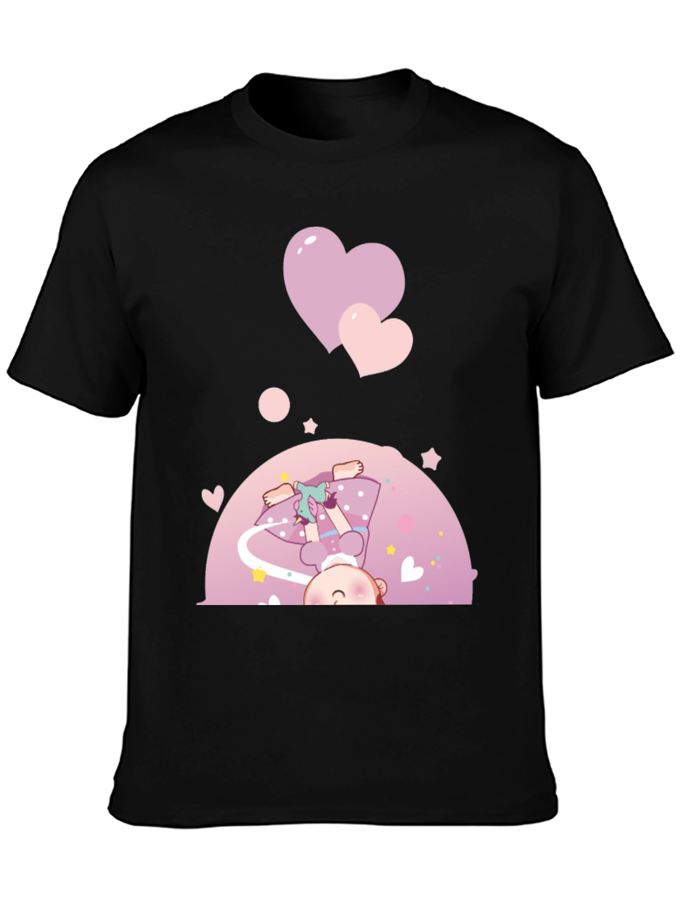 Black Cute Cartoon Girl with Hearts Black T-Shirt view 3