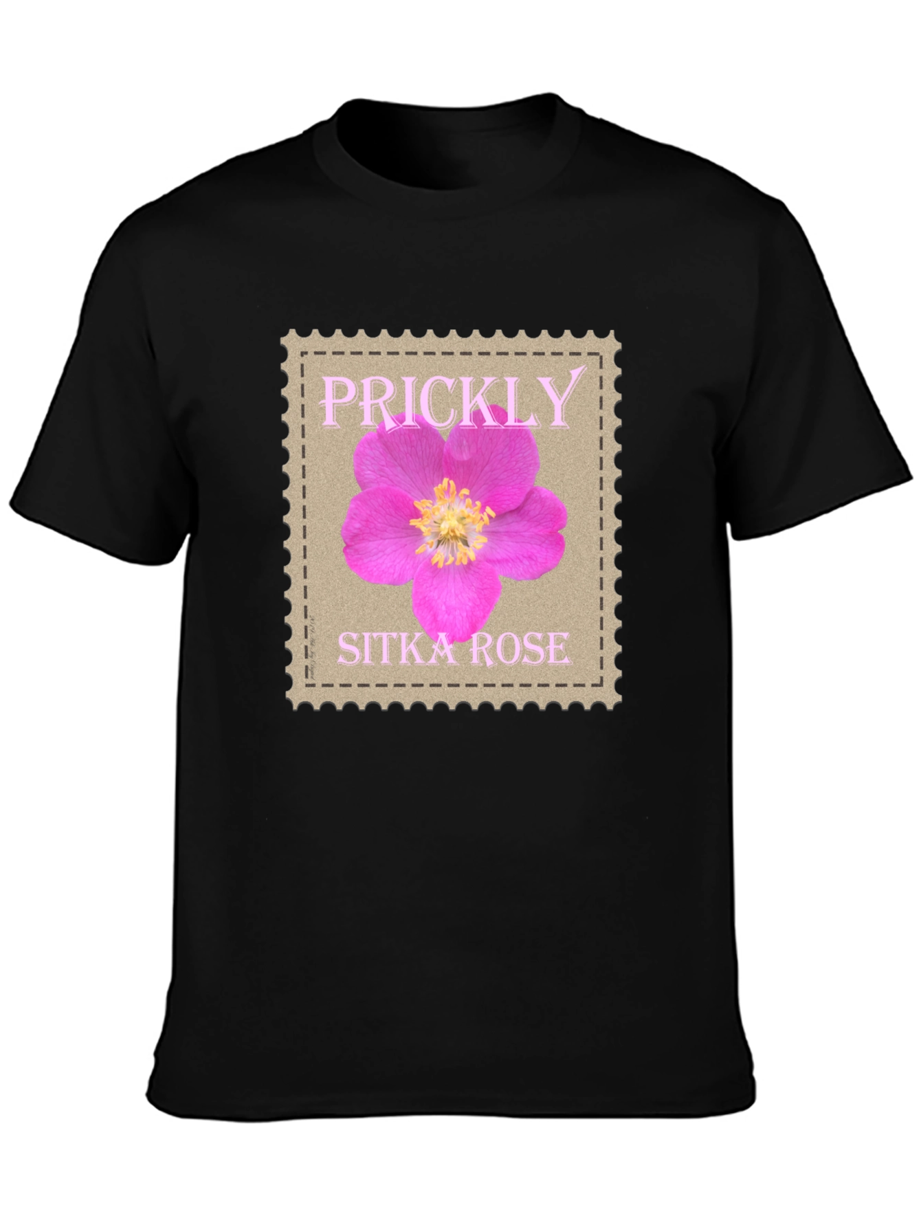 Black Prickly Sitka Rose Stamp Style T-Shirt view 3
