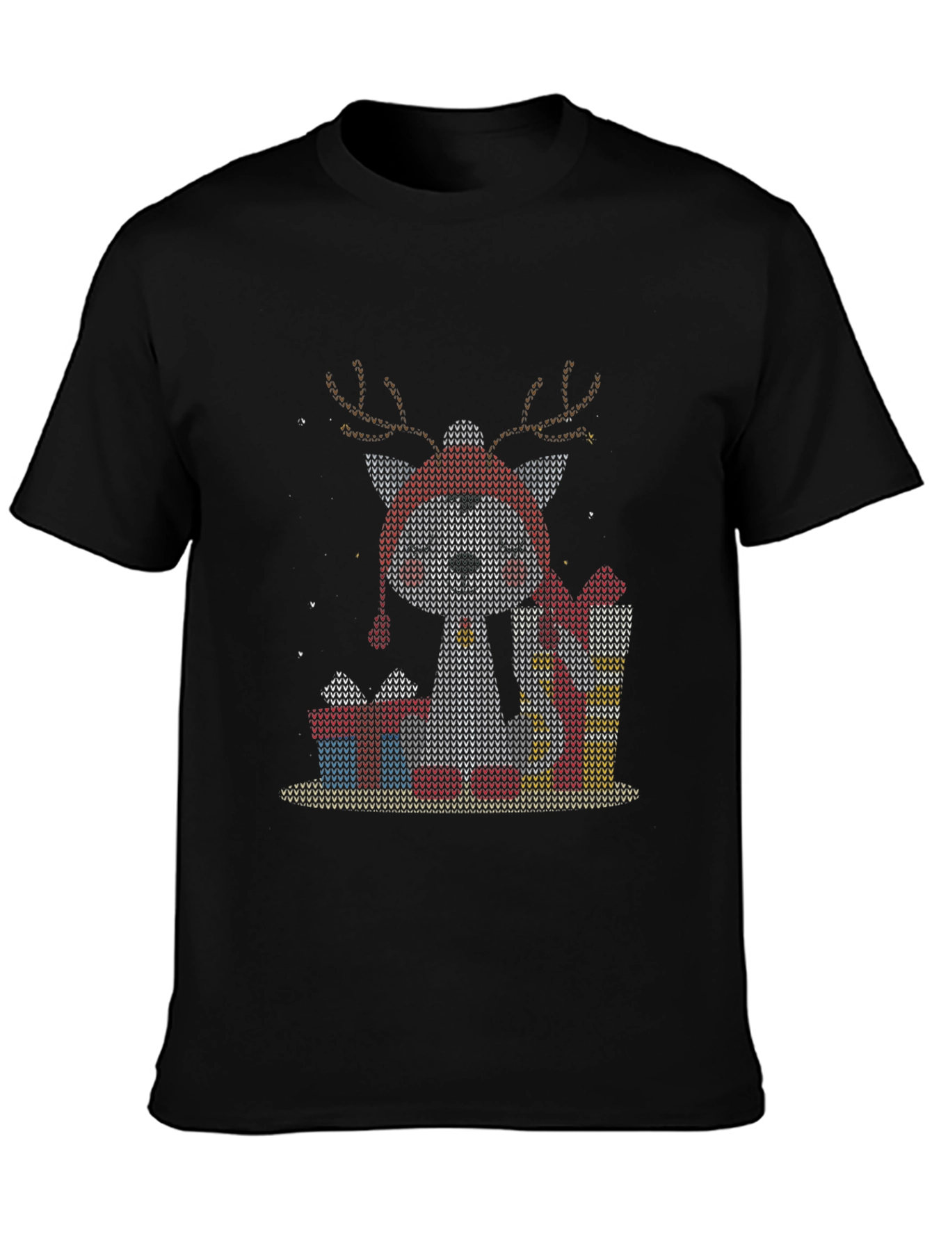 Black Festive Reindeer Dog Knit Pattern Tee view 3