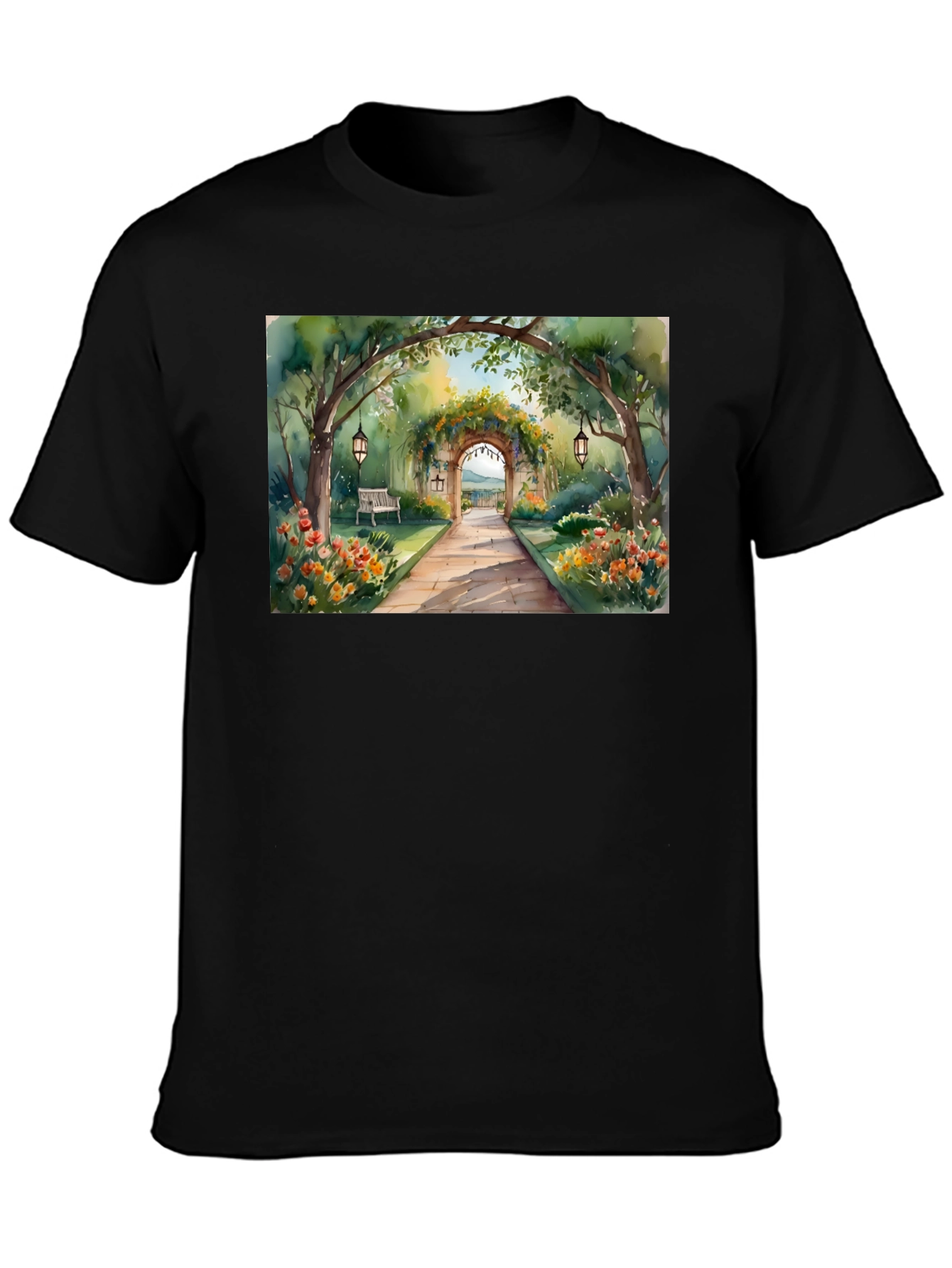 Black Watercolor Garden Path T-Shirt view 3