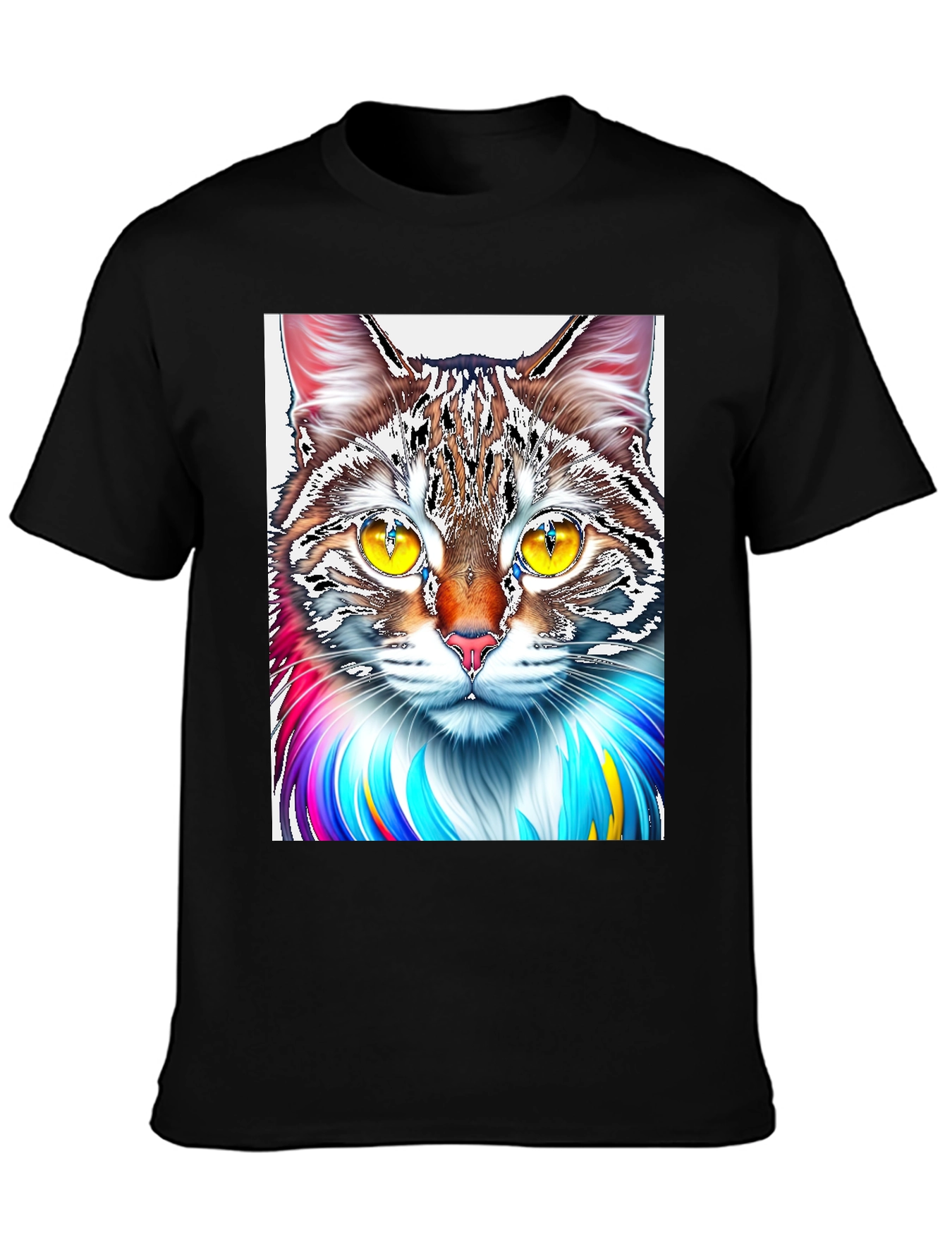 Black Colorful Cat Graphic Print Black T-Shirt view 3