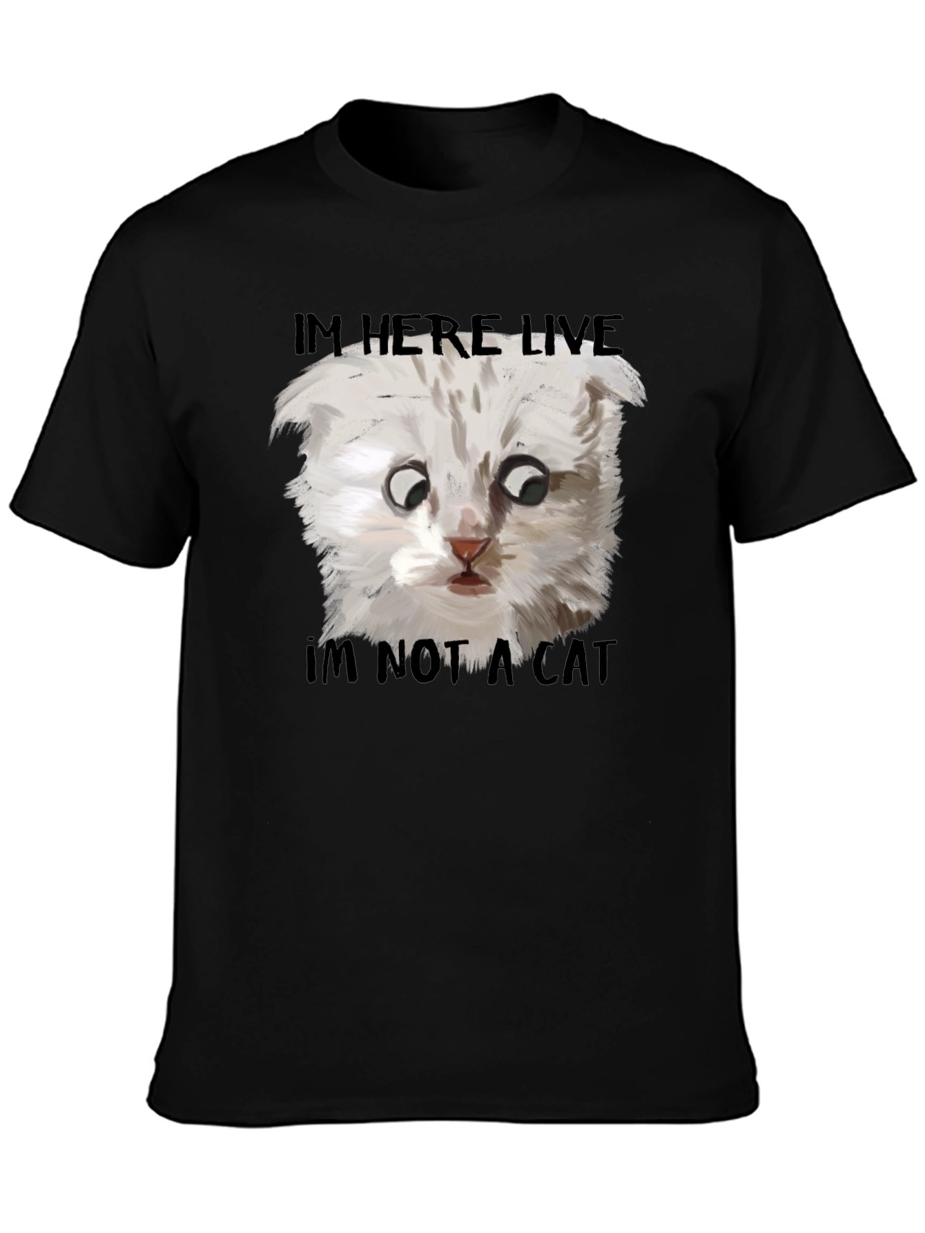Black I'm Here Live, I'm Not A Cat T-Shirt view 3
