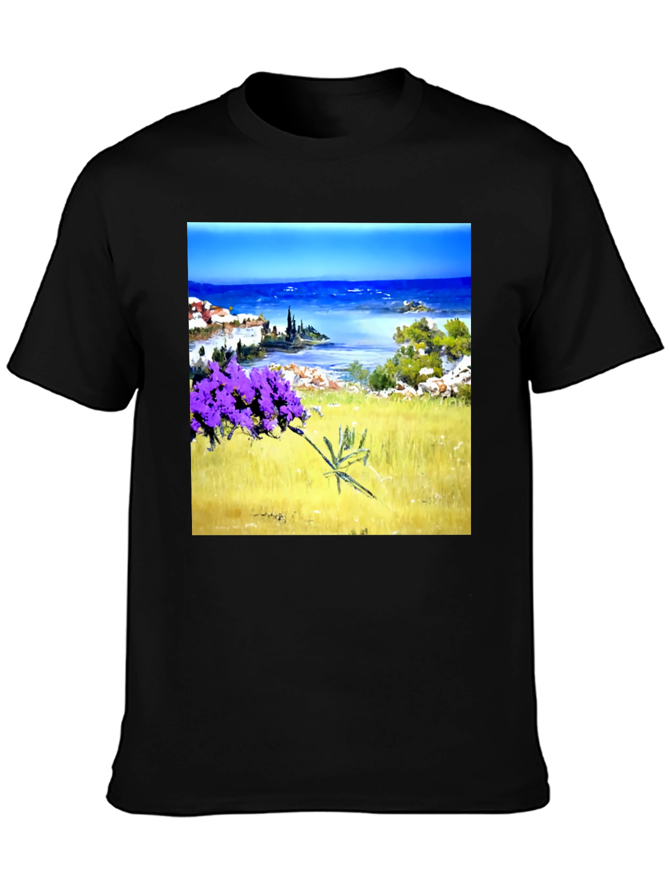 Black Coastal Lavender Art Print Black T-Shirt view 3