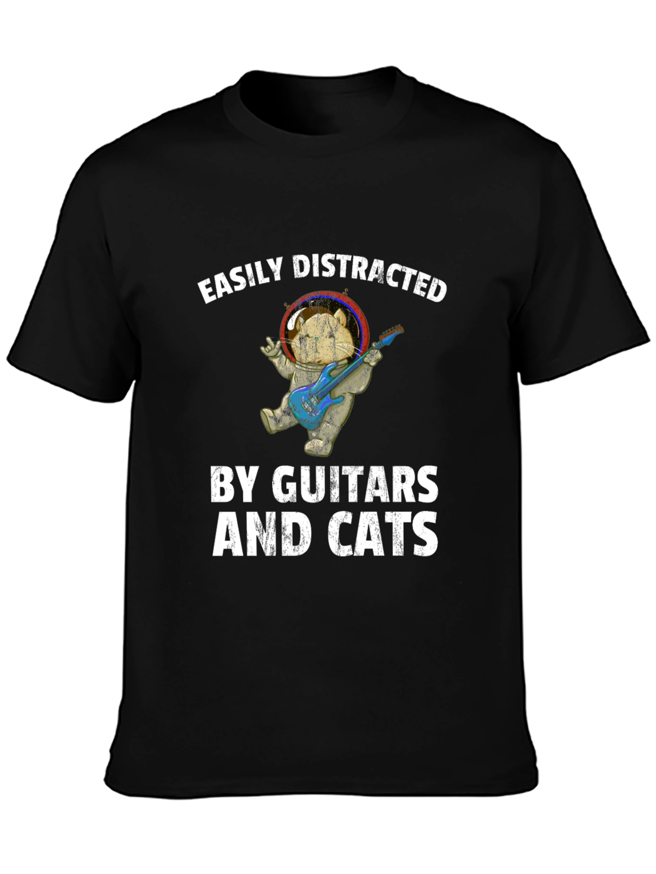 Black Easily Distracted By Guitars & Cats T-Shirt view 3