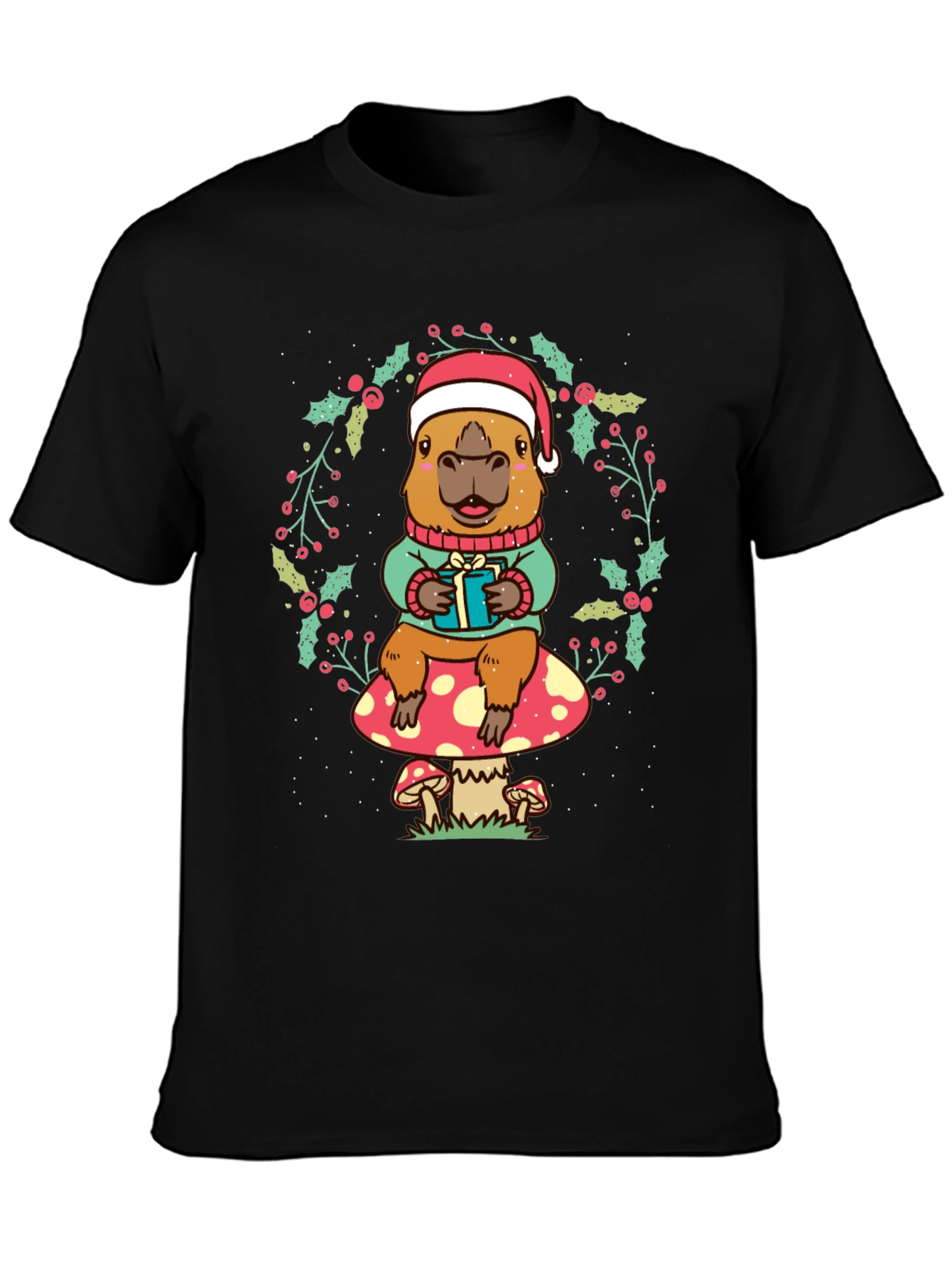 Black Festive Capybara Christmas T-Shirt view 3